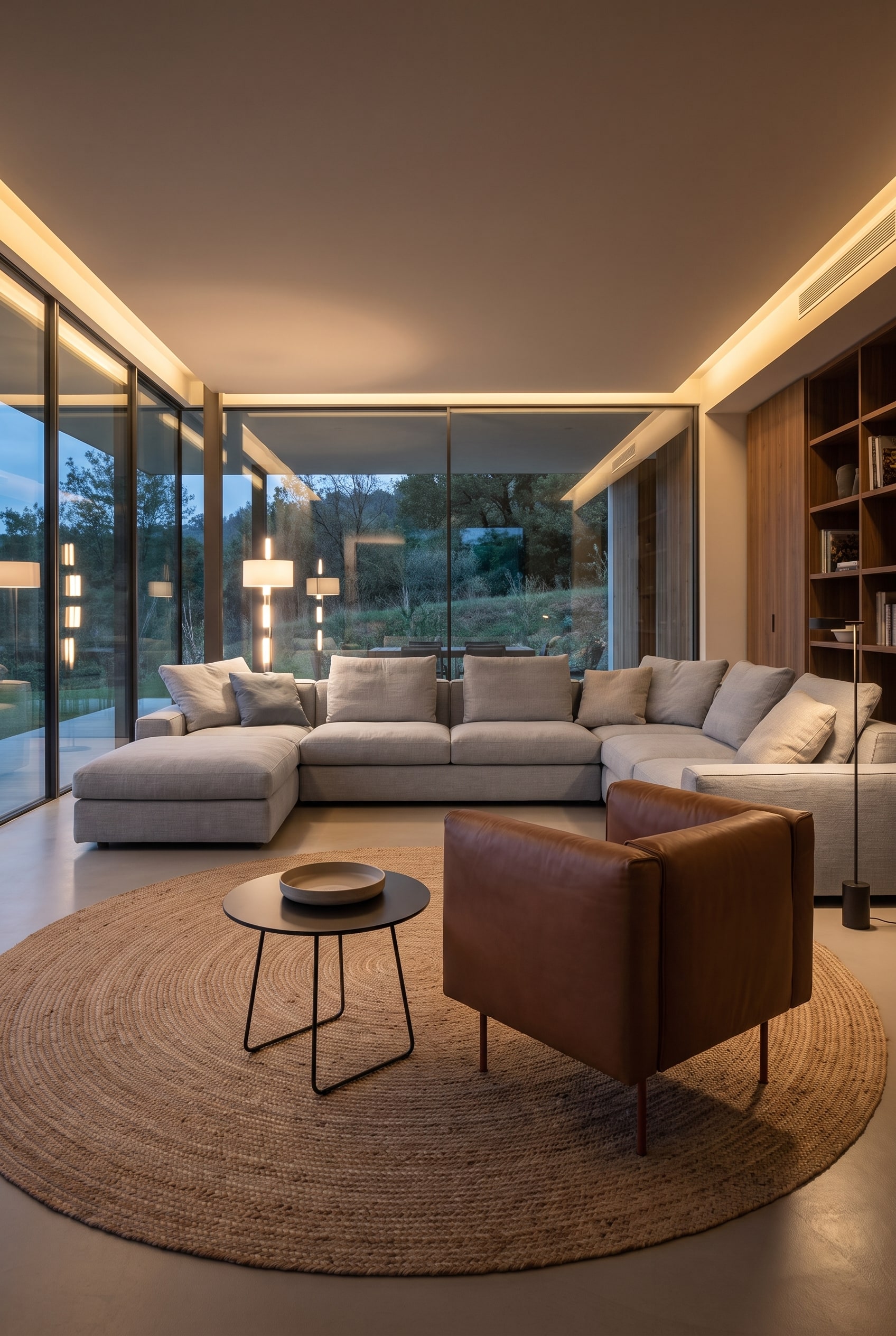 Sociable living room with a large U-shaped sofa landscape, in the center of which a large, round coffee table with a central base is placed.
