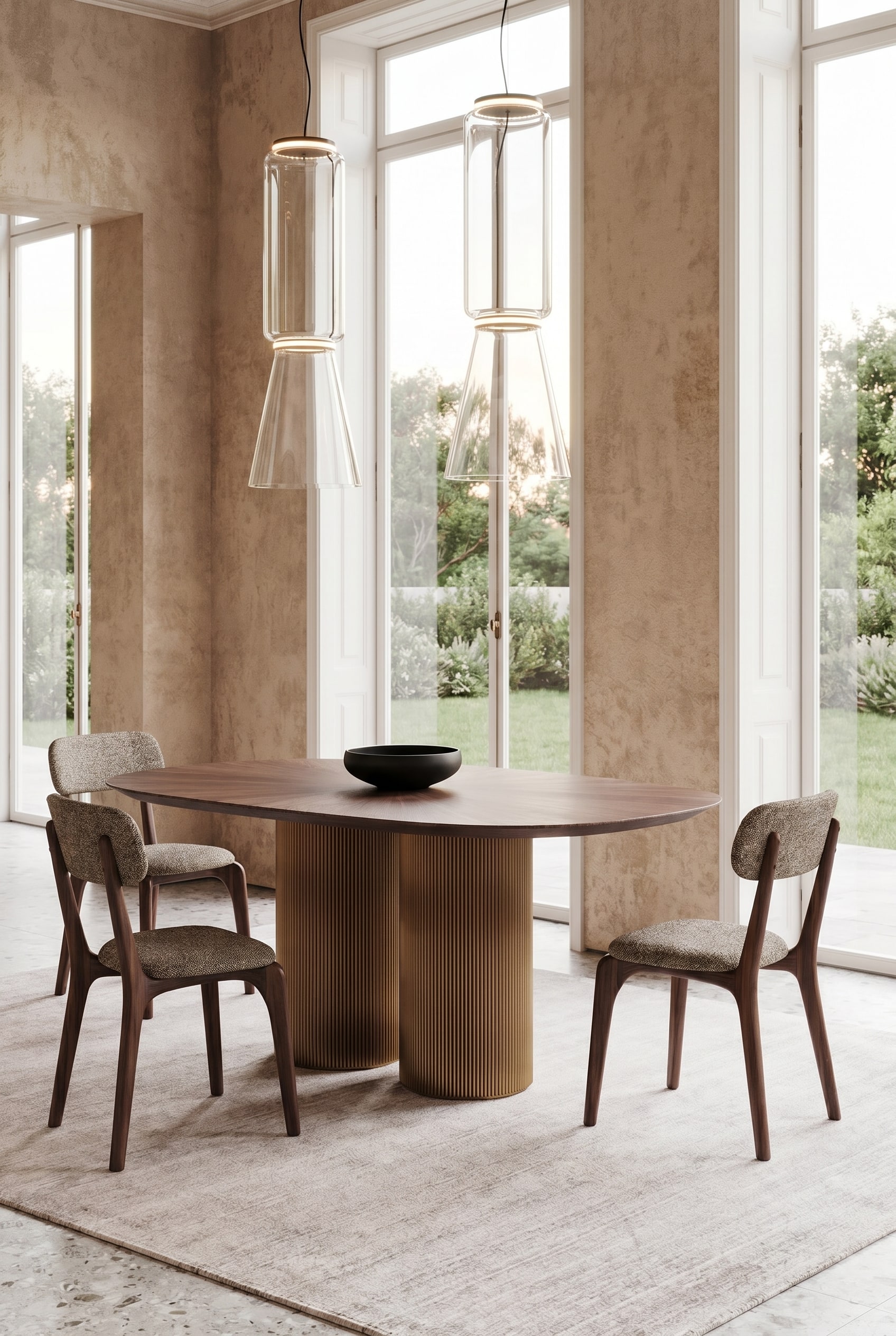Minimalist dining room with a large walnut dining table, beige upholstered chairs, and a black ceramic bowl