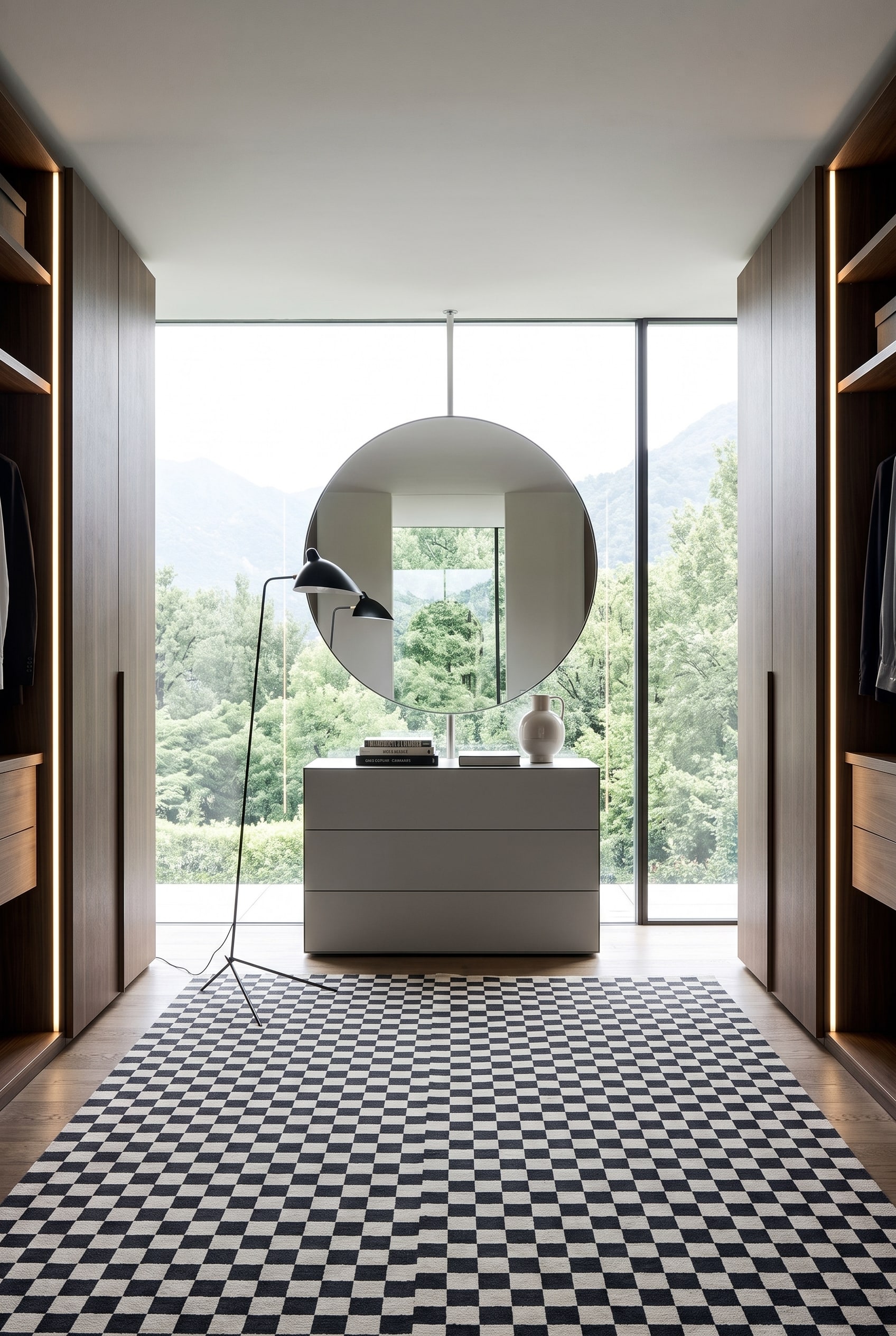 Moderne Livitalia Ecletto Kommode in einem eleganten Ankleidezimmer, die als stilvoller Bruch vor hohen Schrankw&auml;nden platziert ist