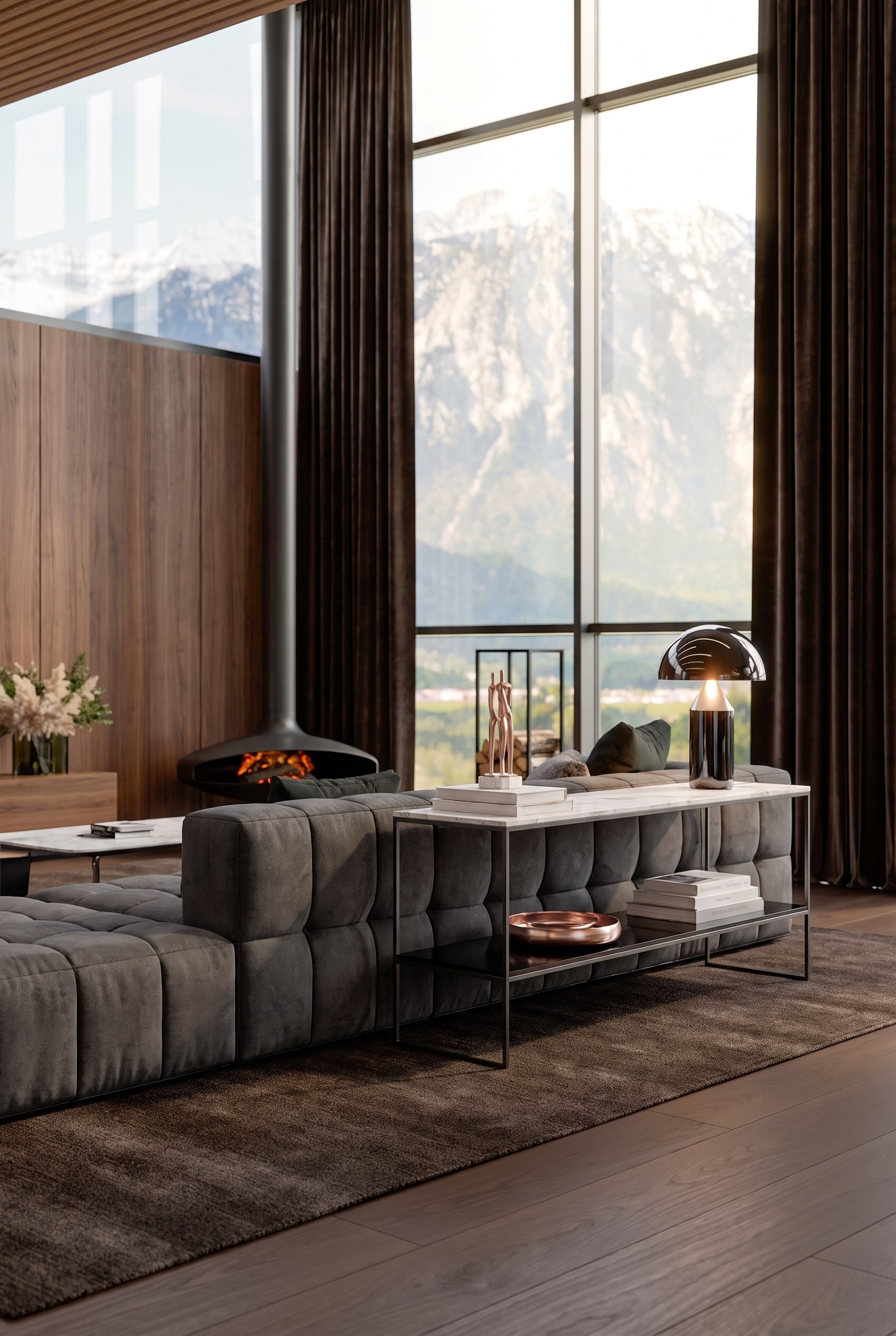 Slim console made of metal and stone, placed behind a large sofa as an elegant room divider