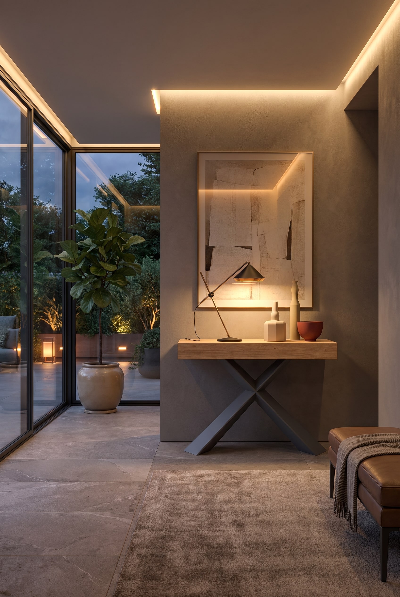 Flur im modernen Design mit einer eleganten Holzkonsole und gekreuzten Metallbeinen