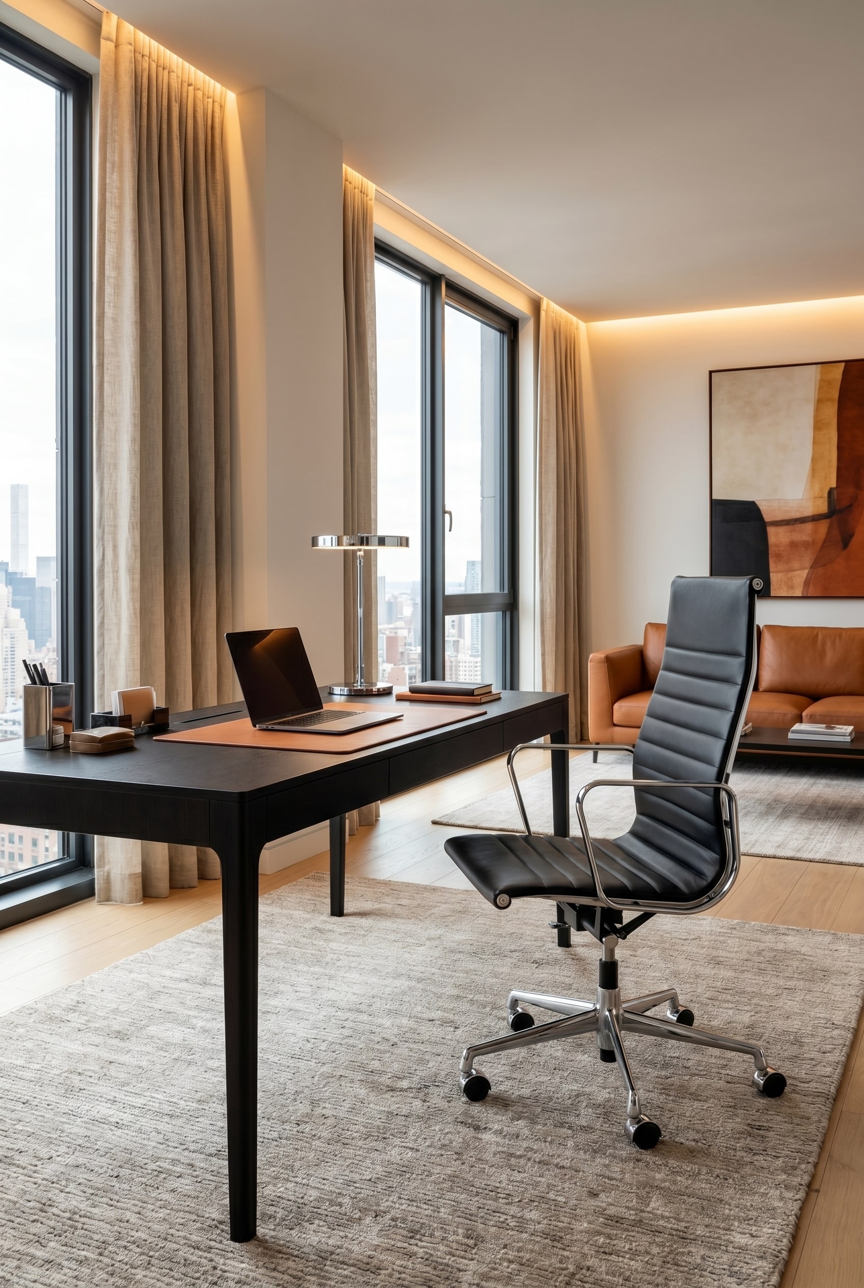 Schwarzer Management-Bürostuhl mit horizontaler Steppung an einem minimalistischen Schreibtisch vor heller Wand
