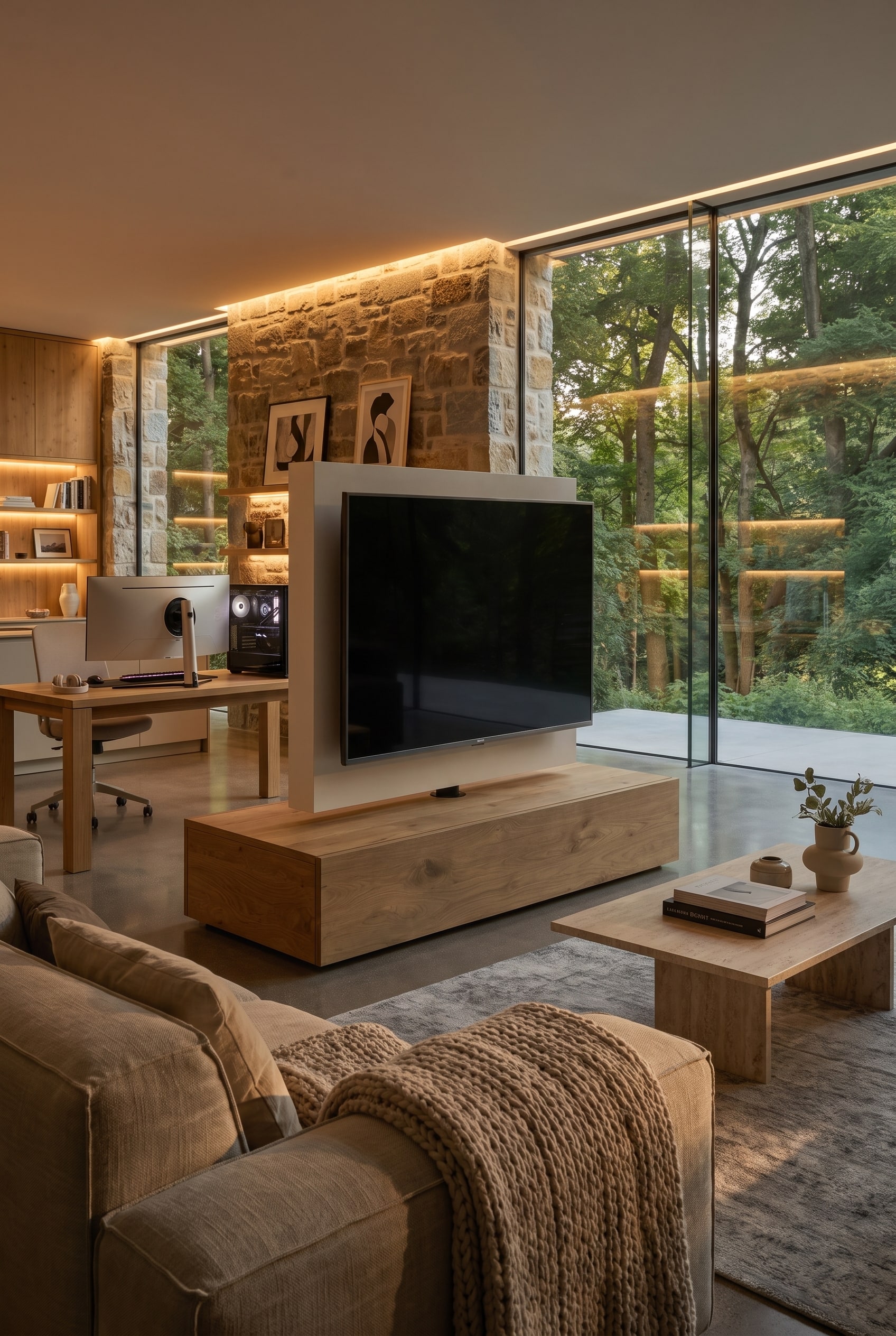 An open room divider made of oak struts, with a screen hanging on a rotating axis in its center, which can be swiveled between the workspace and the lounge area.