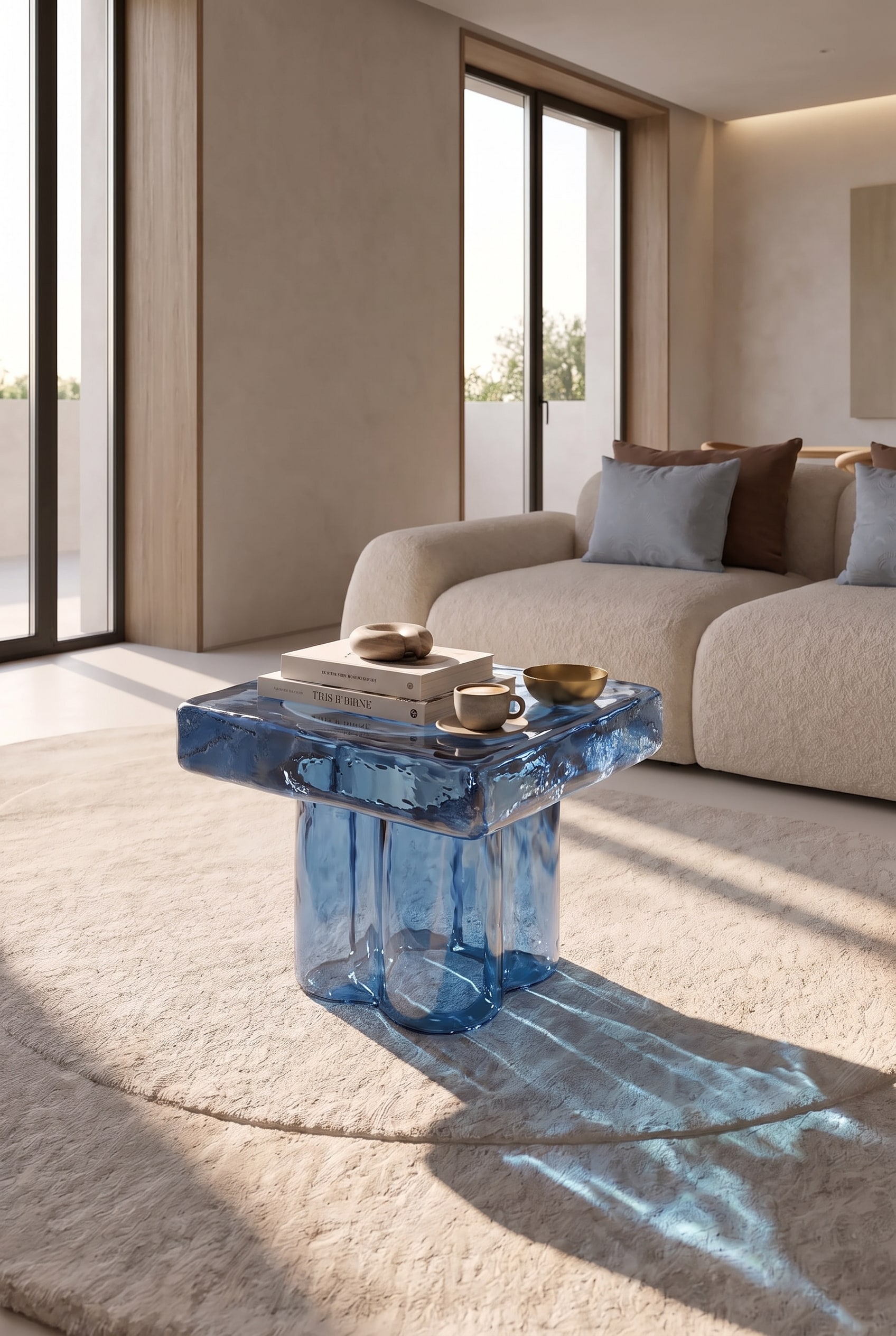 Bright living room with a square coffee table made of transparent amber Murano glass on a textured wool rug.