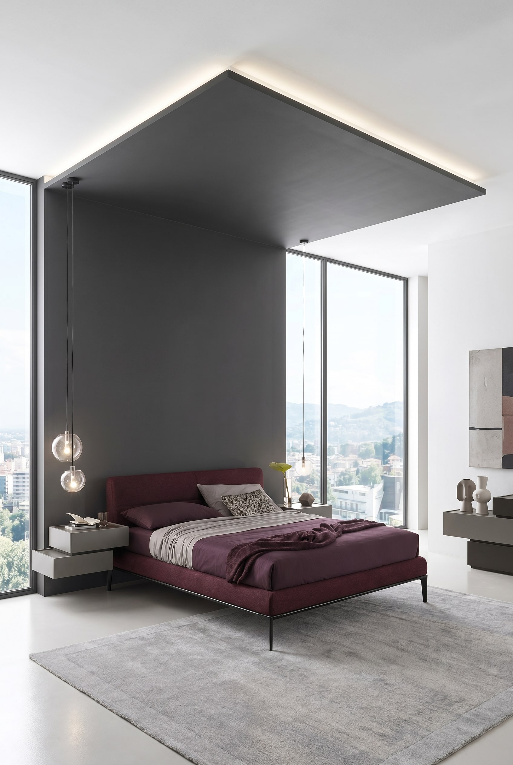 Elegant upholstered bed with a wine-red cover under a color-painted ceiling sail