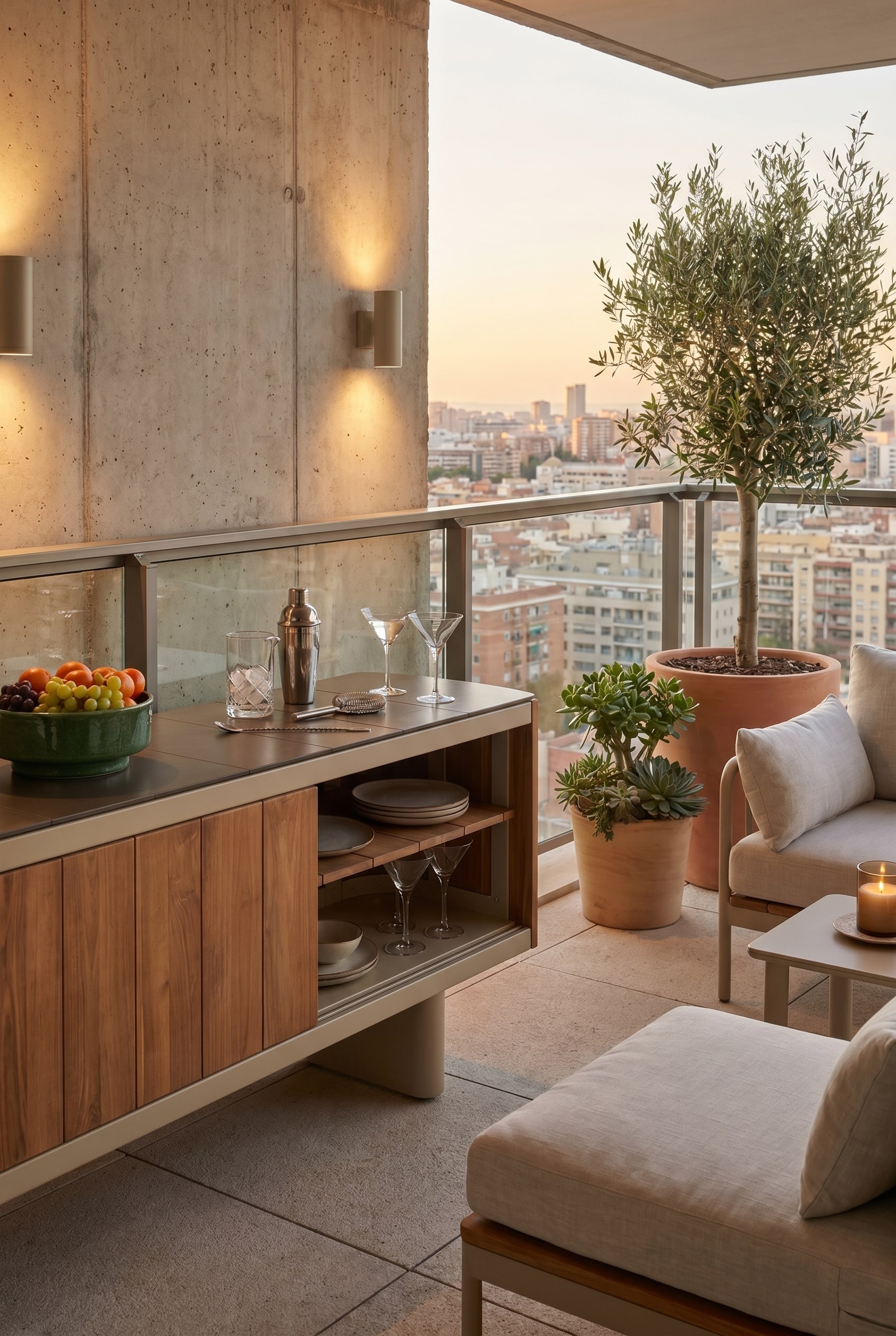 Hochwertiges Outdoor-Sideboard aus Teakholz mit dunkler Keramikplatte auf einem Stadtbalkon, darauf Cocktailgl&auml;ser
