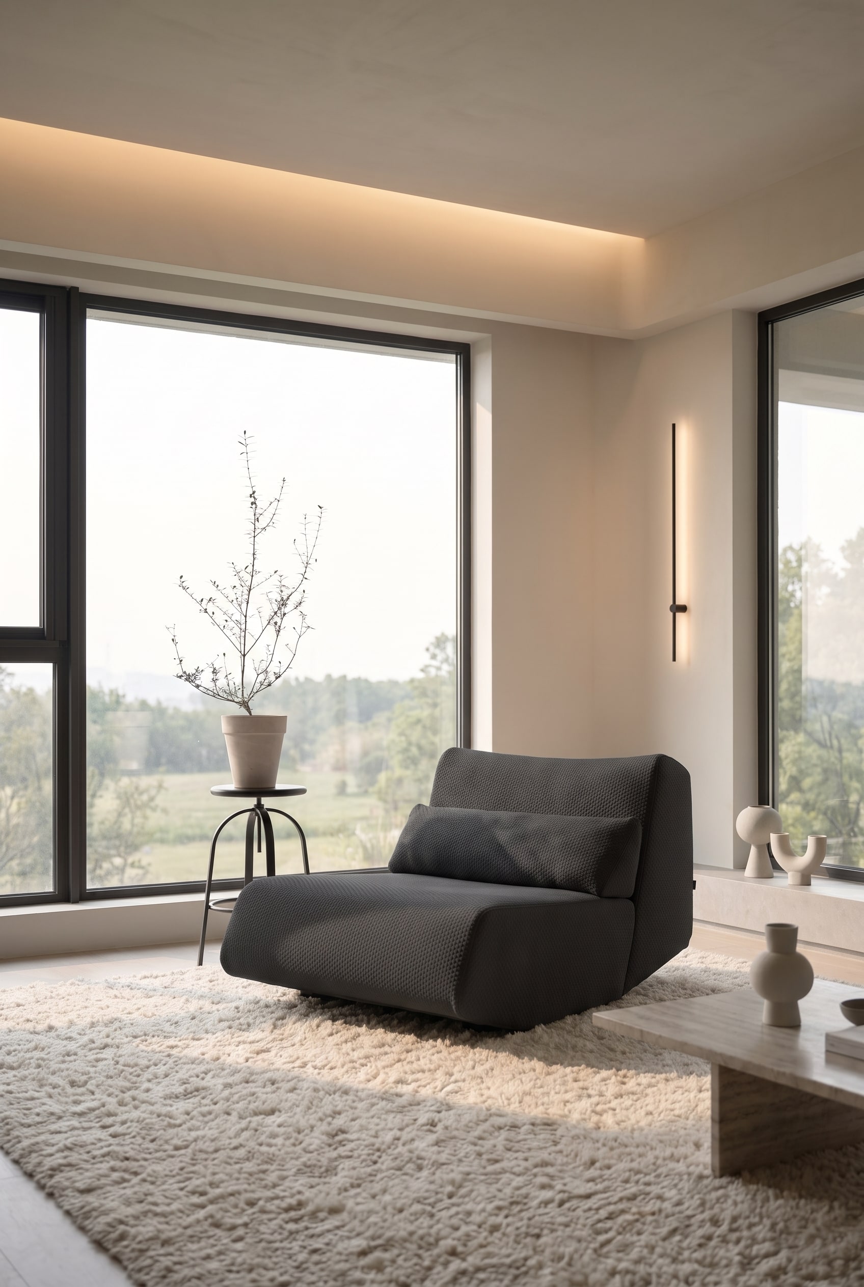 Lounge-artiges Wohnzimmer mit bodennahem Polstersessel und hochflorigem Wollteppich