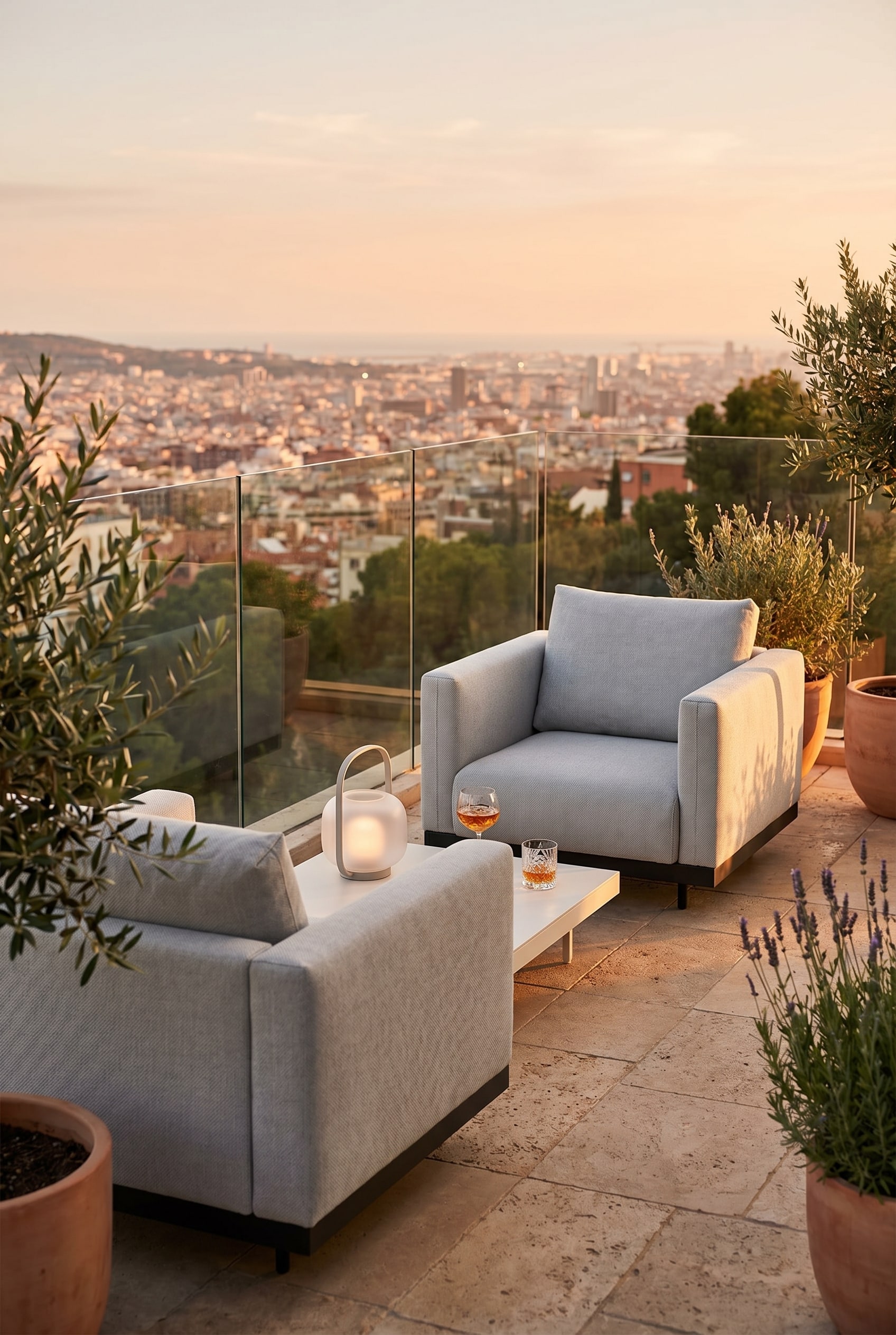 Minimalist balcony with deep, cubic outdoor armchair in light grey in front of a stone wall