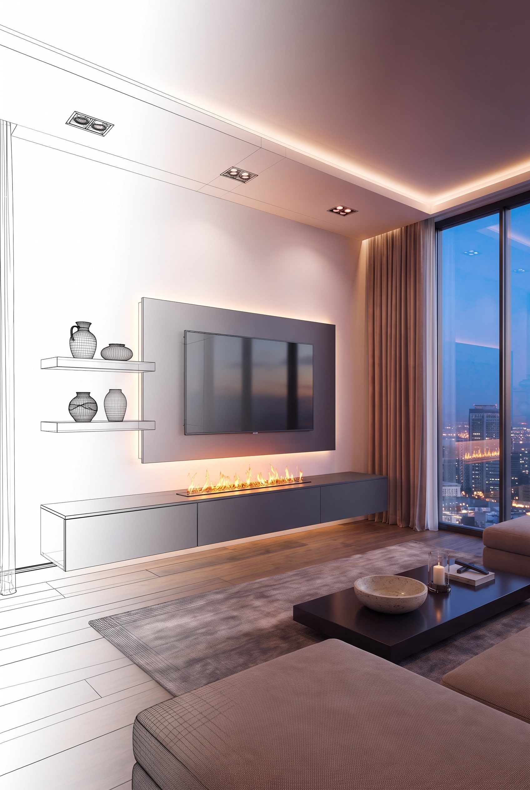 Sketch or 3D planning of a modern, floating wall unit