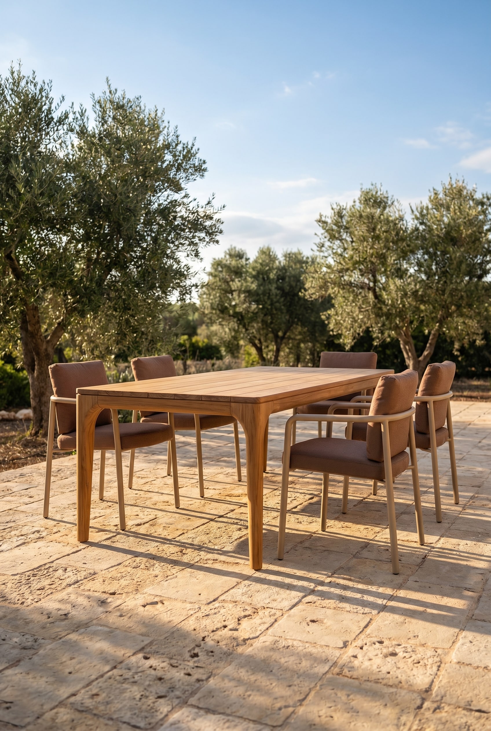 Mediterranean stone terrace with a massive teak dining table and minimalist steel garden chairs in beige