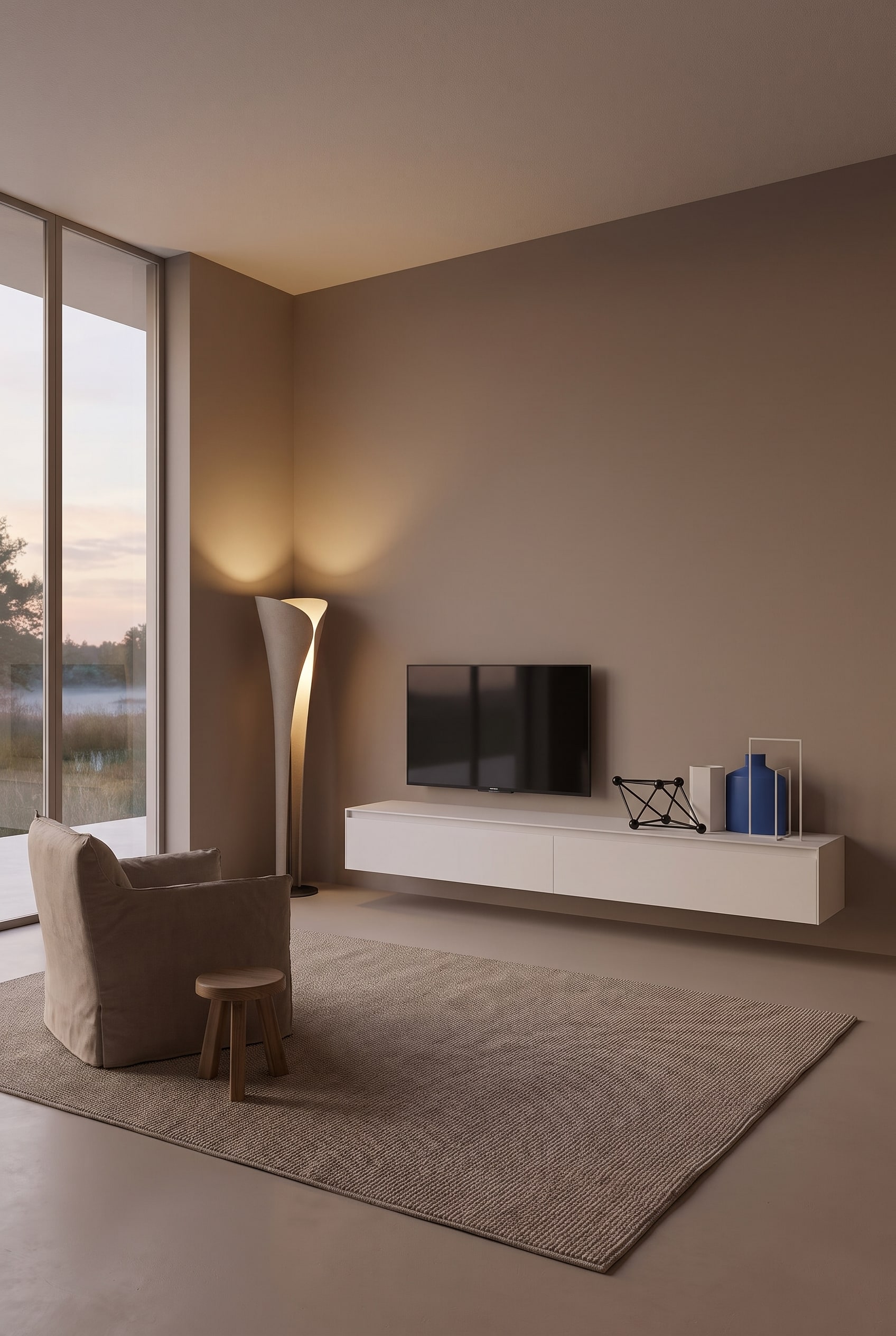 Tone-on-tone living room with a handleless, matte lacquered lowboard in taupe, seamlessly blending into the wall color