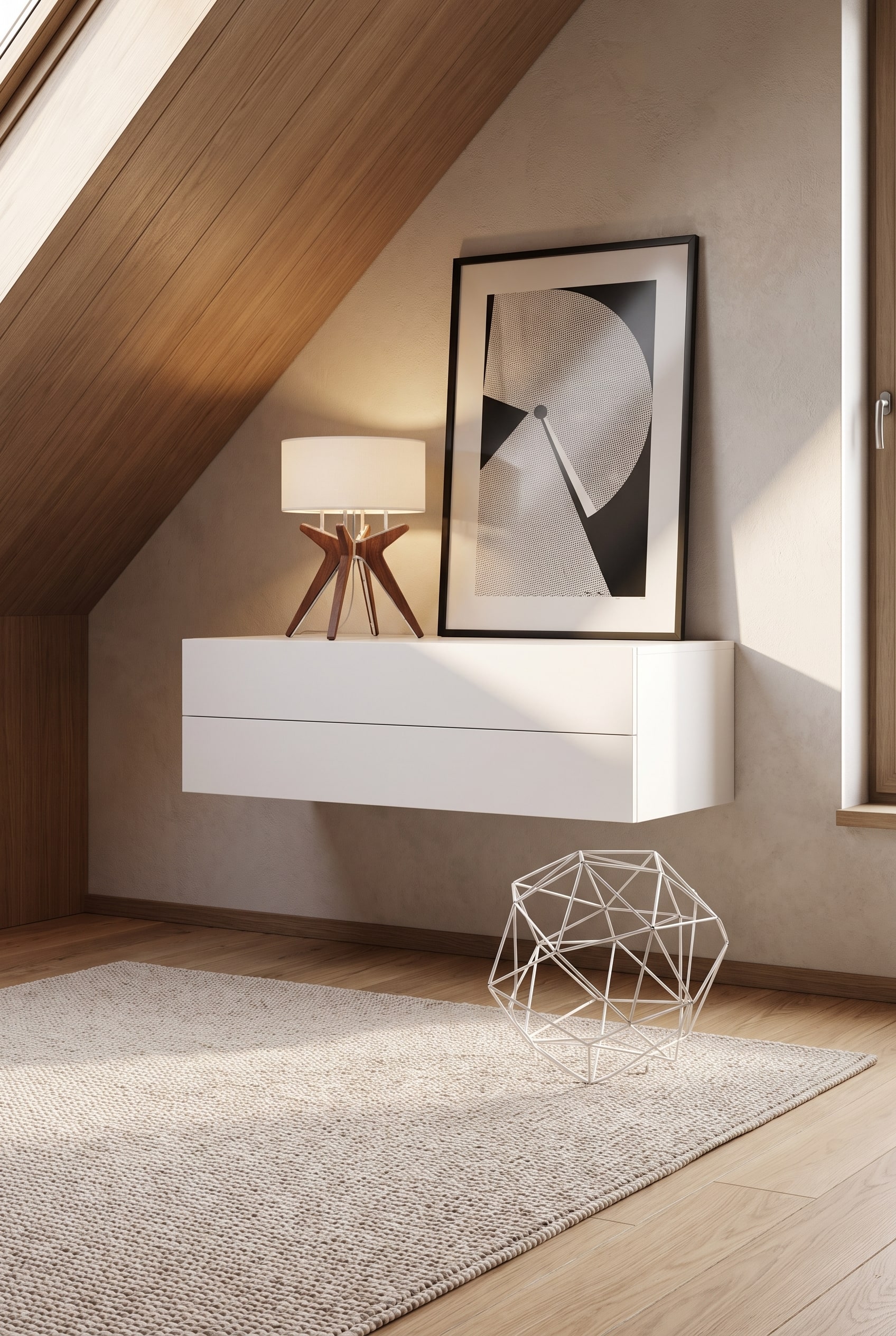 A minimalist Novamobili wall-mounted chest of drawers placed on a wall in a room with a sloped ceiling, creating visual spaciousness through free floor space.