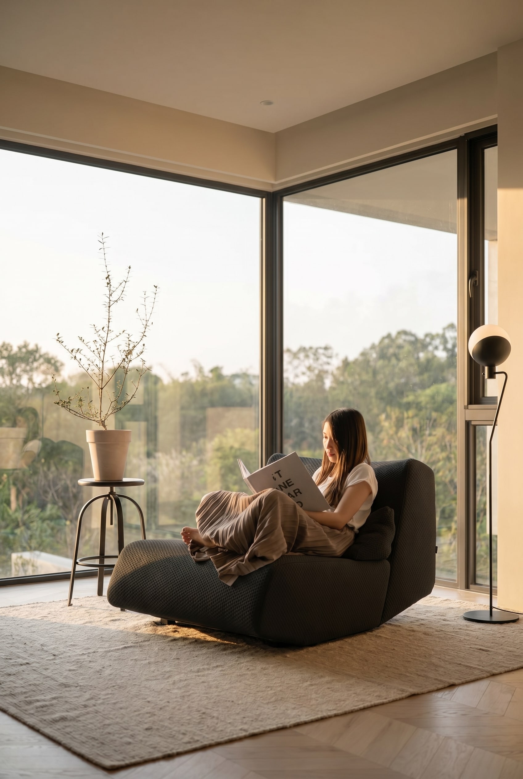 Generous Absent Lounge Armchair in dark fabric in a light-filled room with a green plant and lumbar cushion
