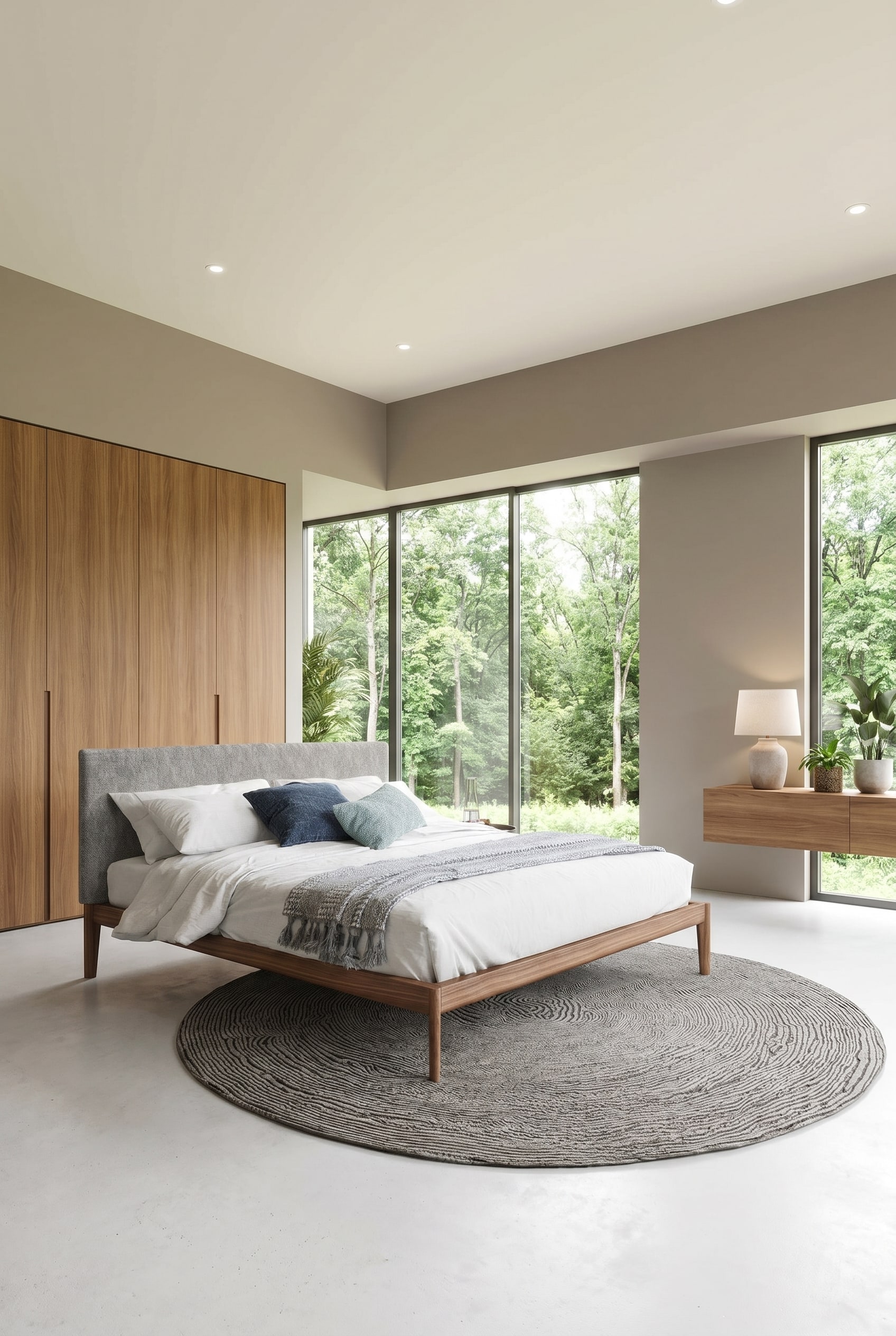 Helles Schlafzimmer mit puristischem Massivholzbett, beiger Leinenbettwäsche und rundem Teppich