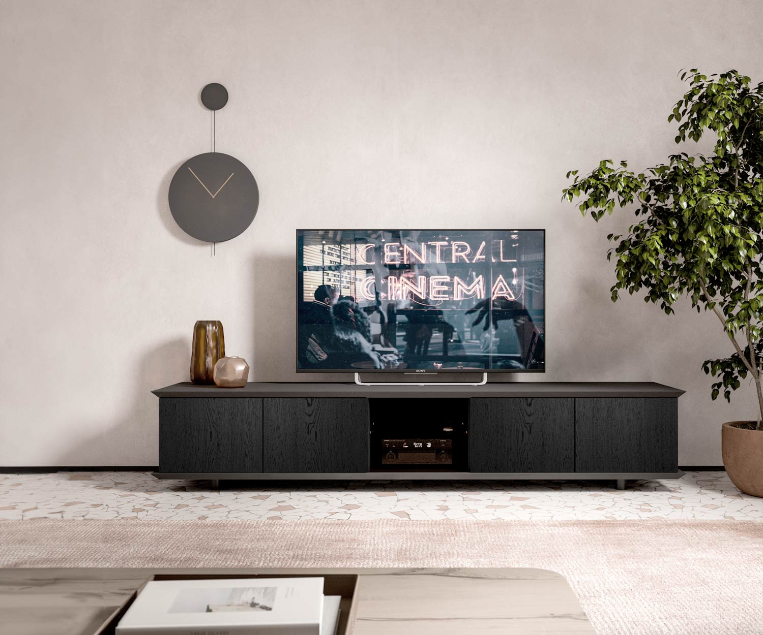 TV Lowboard mit Glastuer fuer Technik