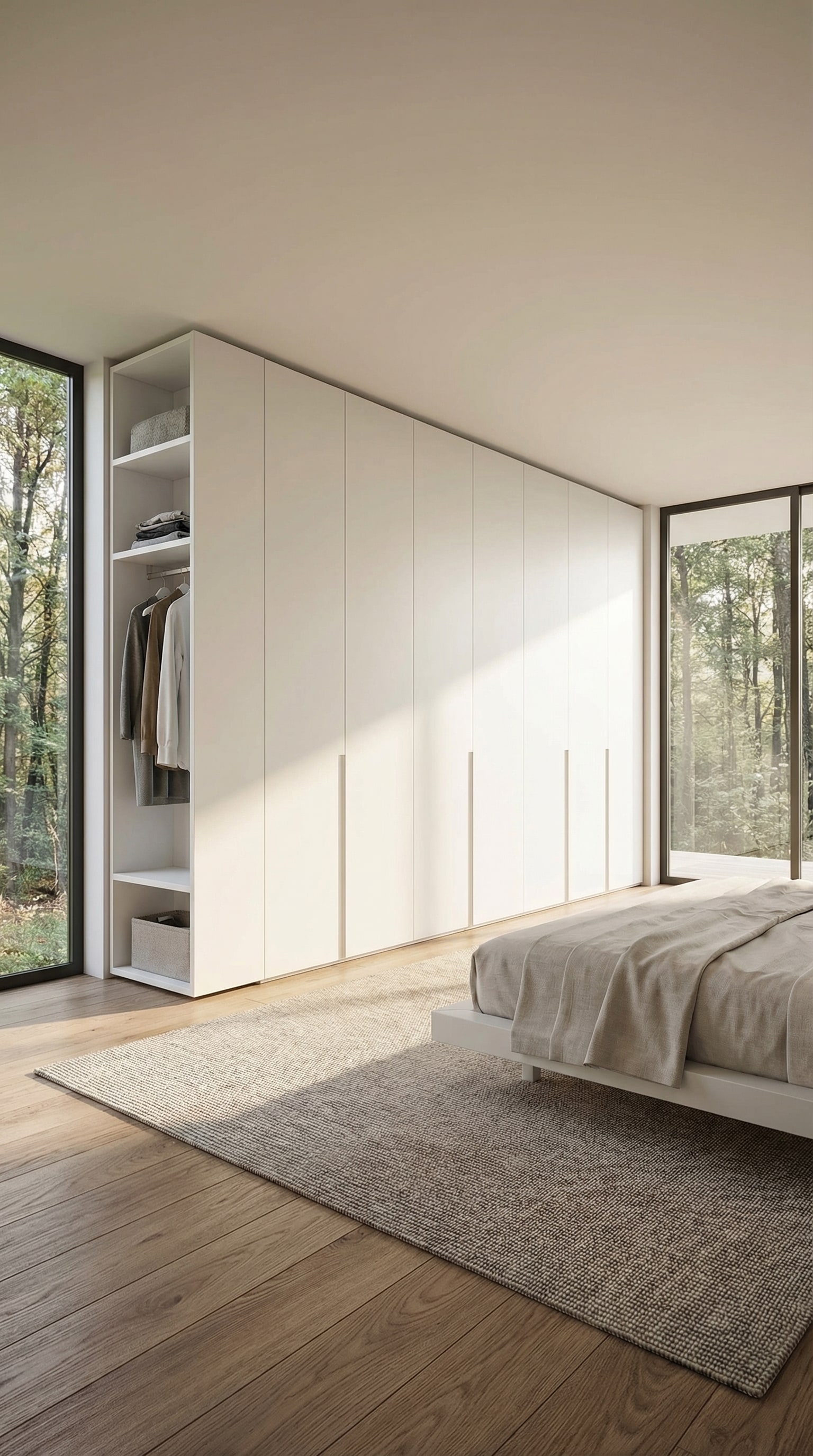 Ein deckenhoher, flächenbündiger Kleiderschrank, der nahtlos in die Wand übergeht. Ein deckenhoher, flächenbündiger Kleiderschrank, der nahtlos in die Wand übergeht.
