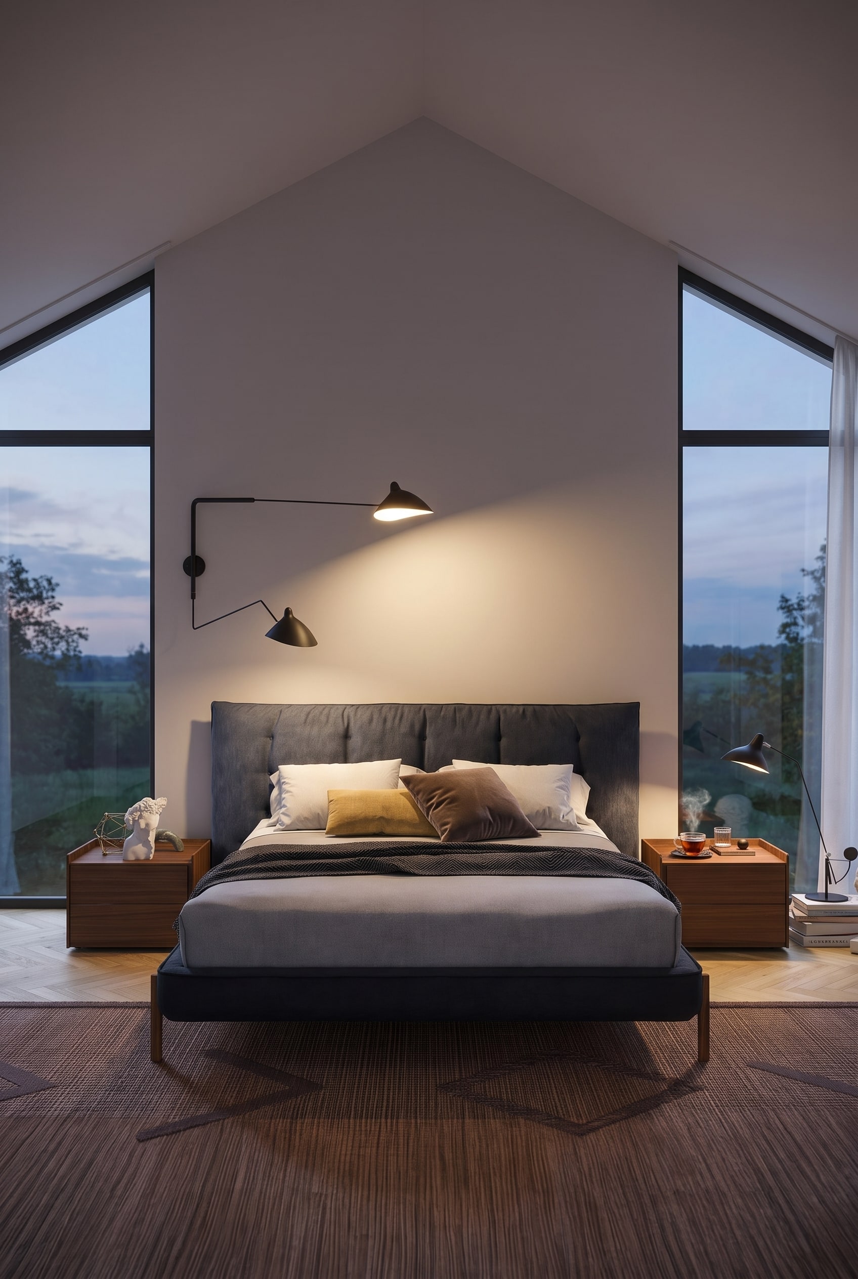 Dark blue upholstered bed with a thick textile frame in a cozy attic bedroom