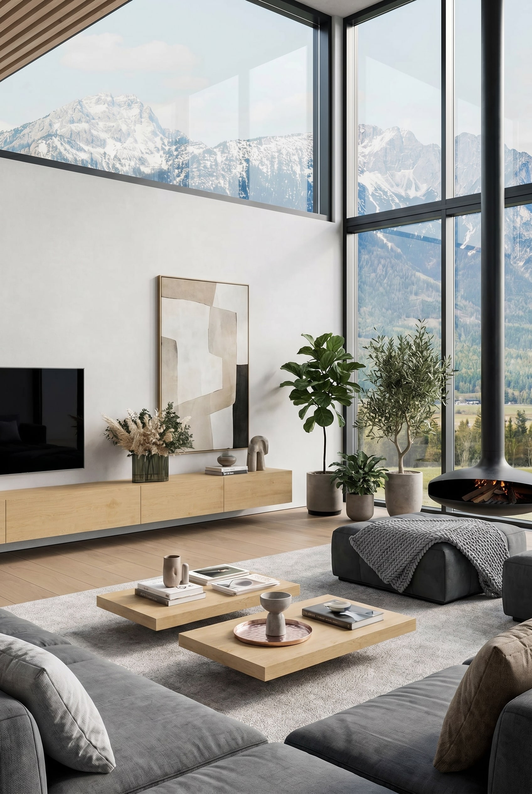 Spacious living room with a wall-mounted wood lowboard that visually stretches the room proportions