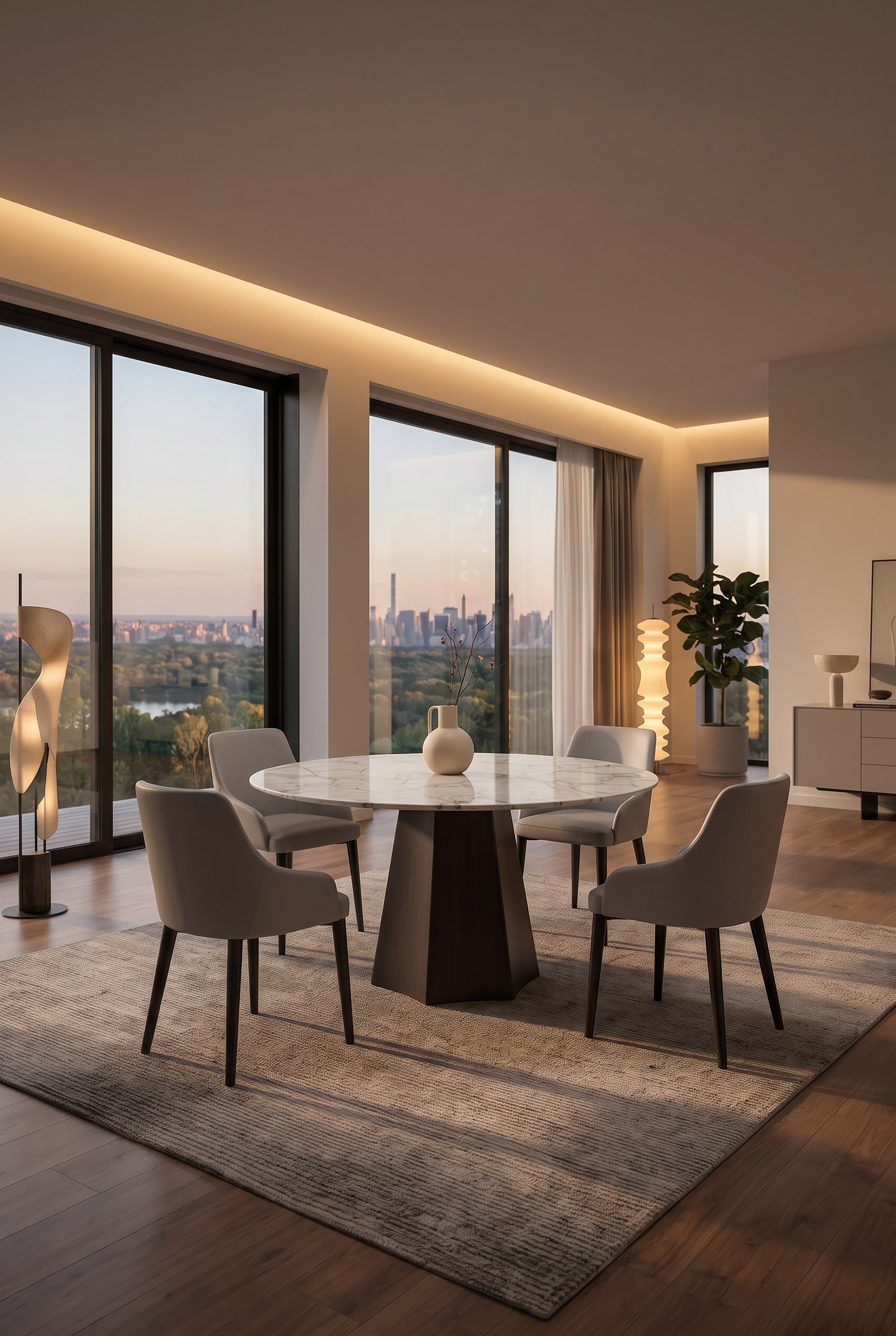 The harmonious proportions of the round Livitalia Ceramic Dining Table Poliedro in a modern room.