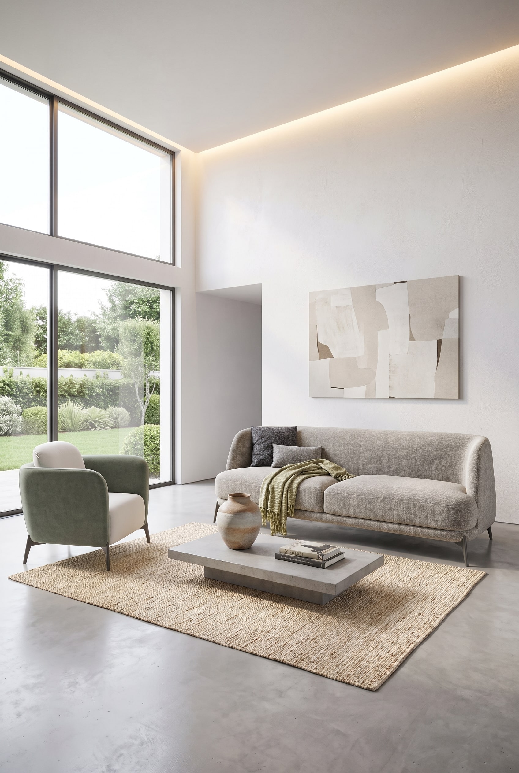 Ein offenes Wohnzimmer mit einem extratiefen, hellgrauen Sofa, eleganten Konturen und einem flachen Couchtisch, der die horizontalen Linien betont.