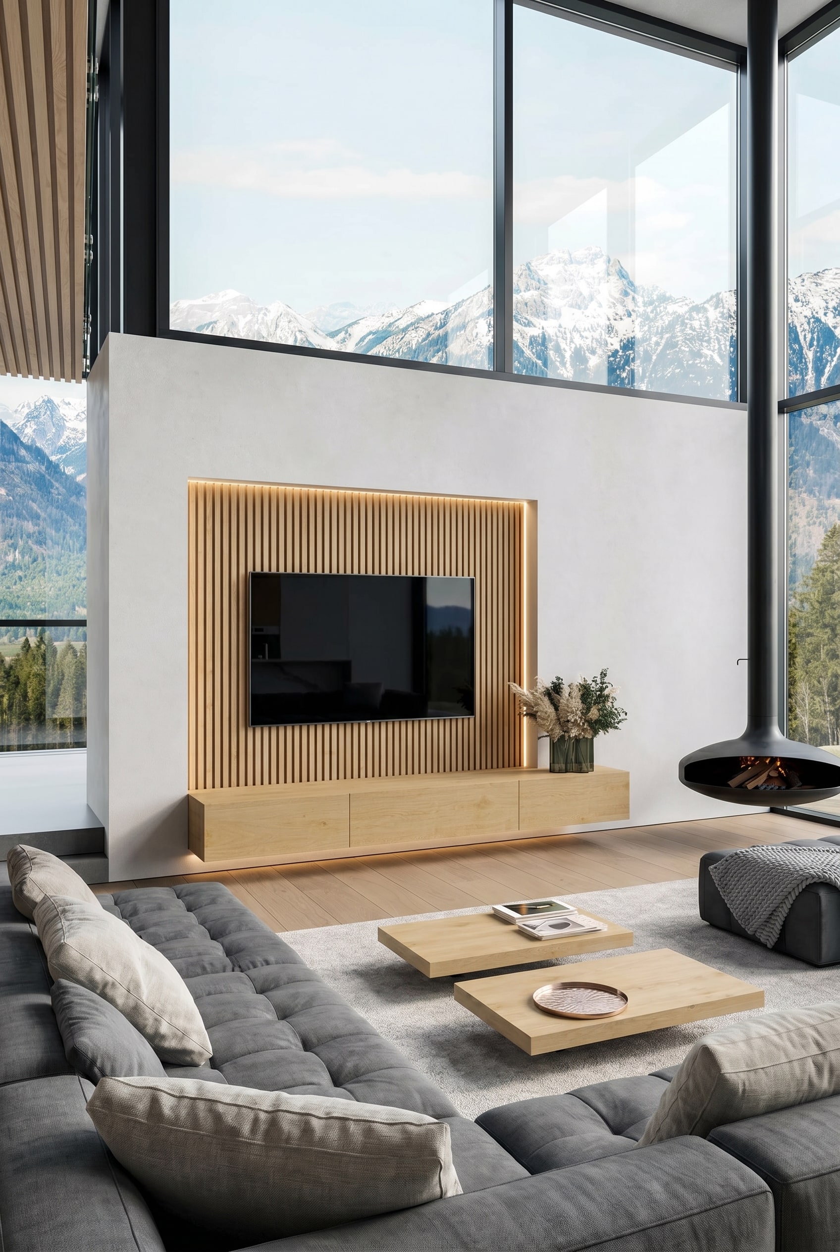 Naturholz-Lowboard mit drei Schubladen vor minimalistischer Wand mit Schattenfuge und LED-Beleuchtung