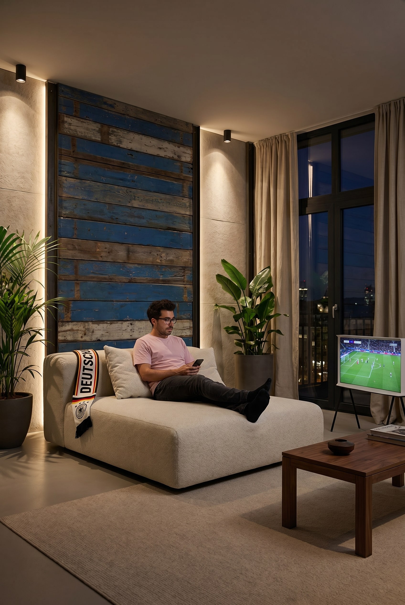 Modern white modular sofa bed in a spacious lounge with industrial wooden elements in the background and a brown wooden table