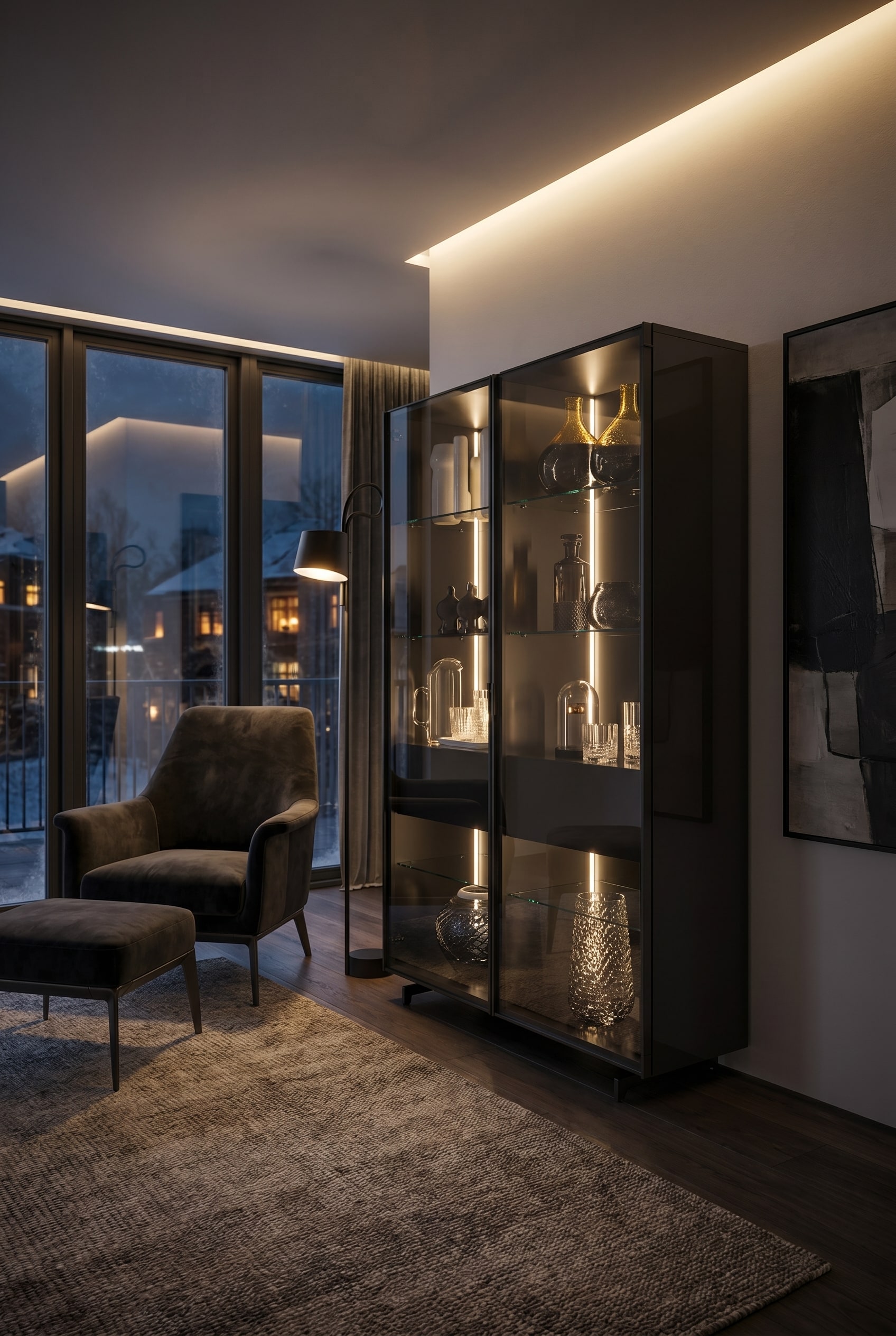 Luxuriöses Wohnzimmer mit raumhoher, vollverglaster Vitrine aus dunklem Fumé-Glas, beleuchtet und gefüllt mit edlen Karaffen