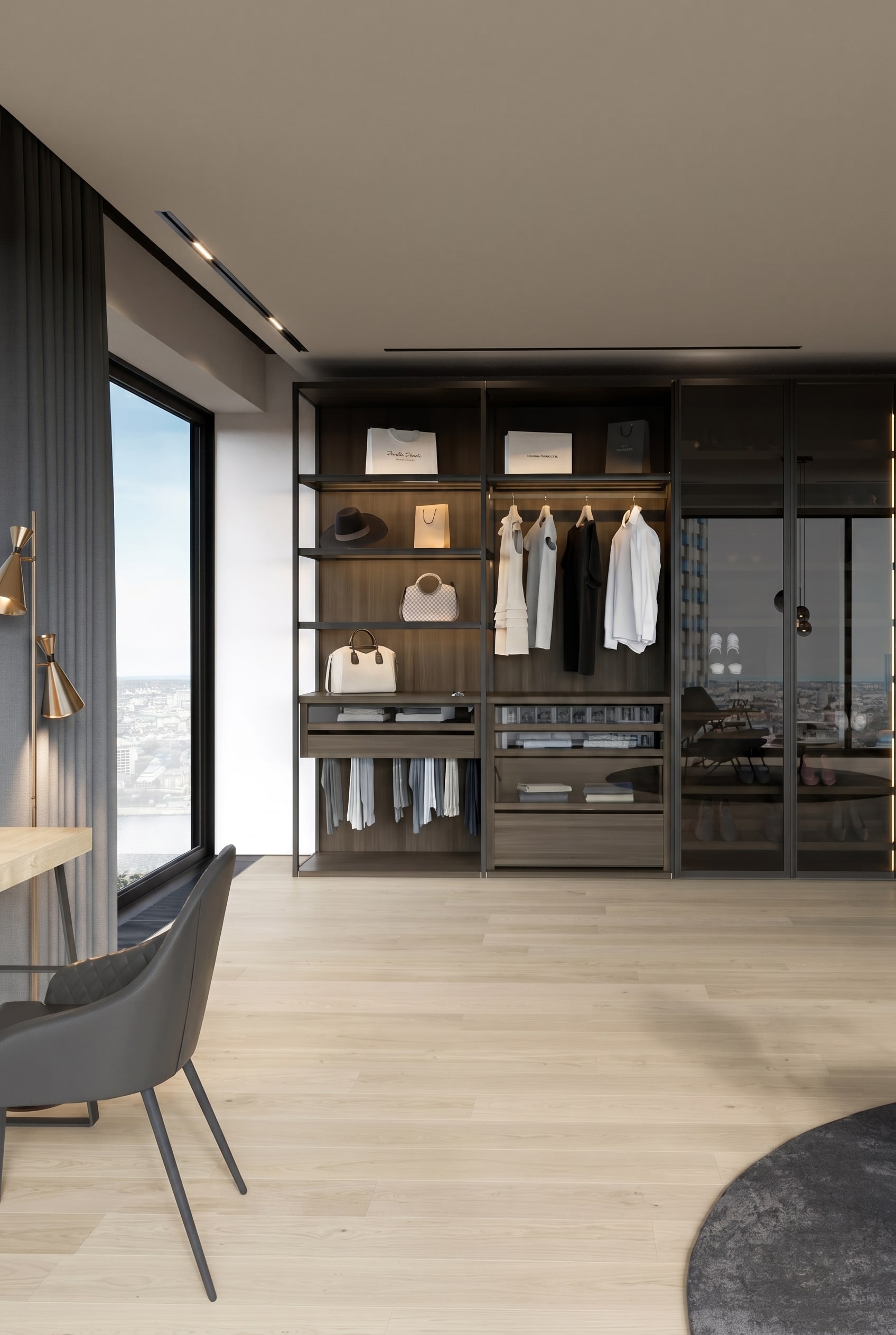 Boutique-Stil Ankleidezimmer mit offener Schrankwand, dunklen Metallprofilen, beleuchteten Kleiderstangen und geschlossenen Bodenschubladen