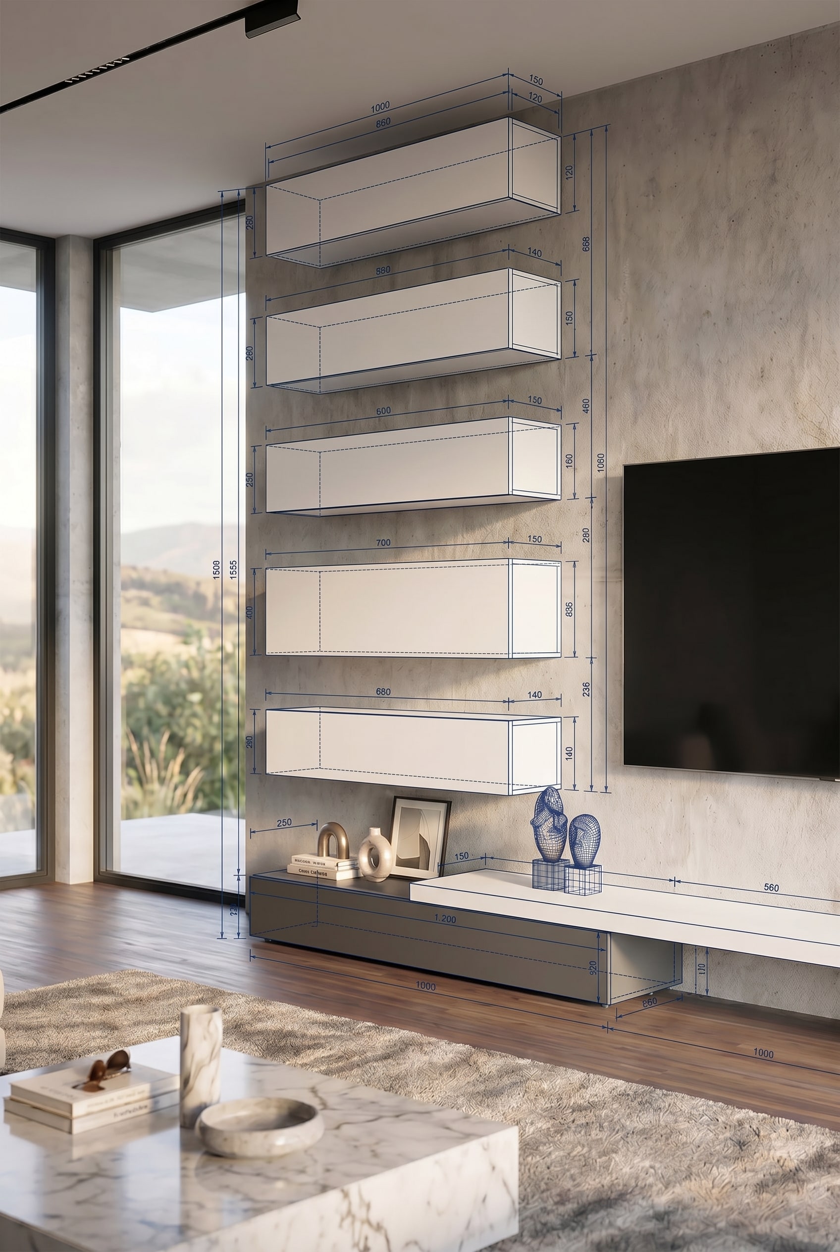 Visualization of various customization options for the modular wall unit