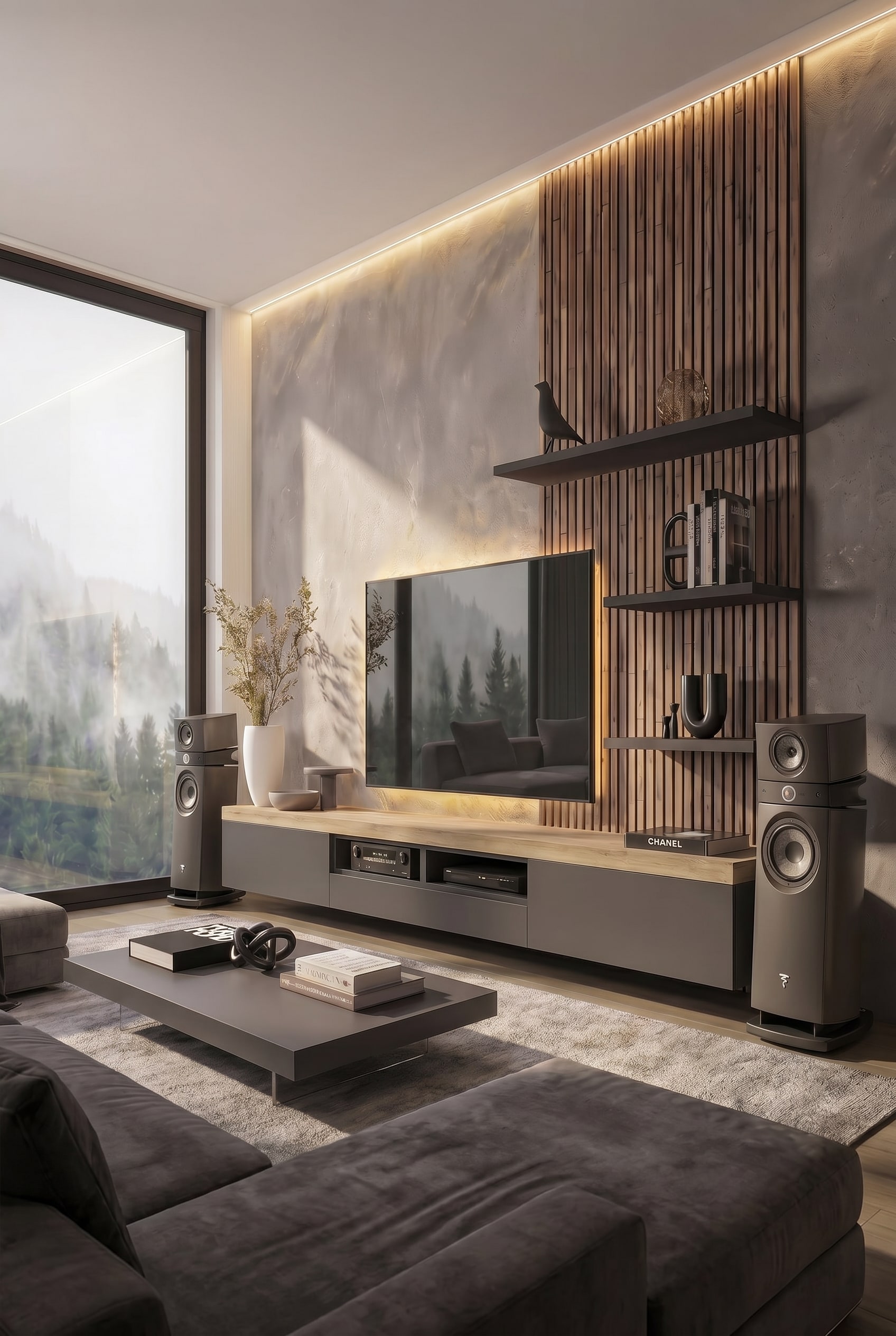 Elegant living room with asymmetrical TV wall unit in grey and oak, integrated lighting and invisible cables