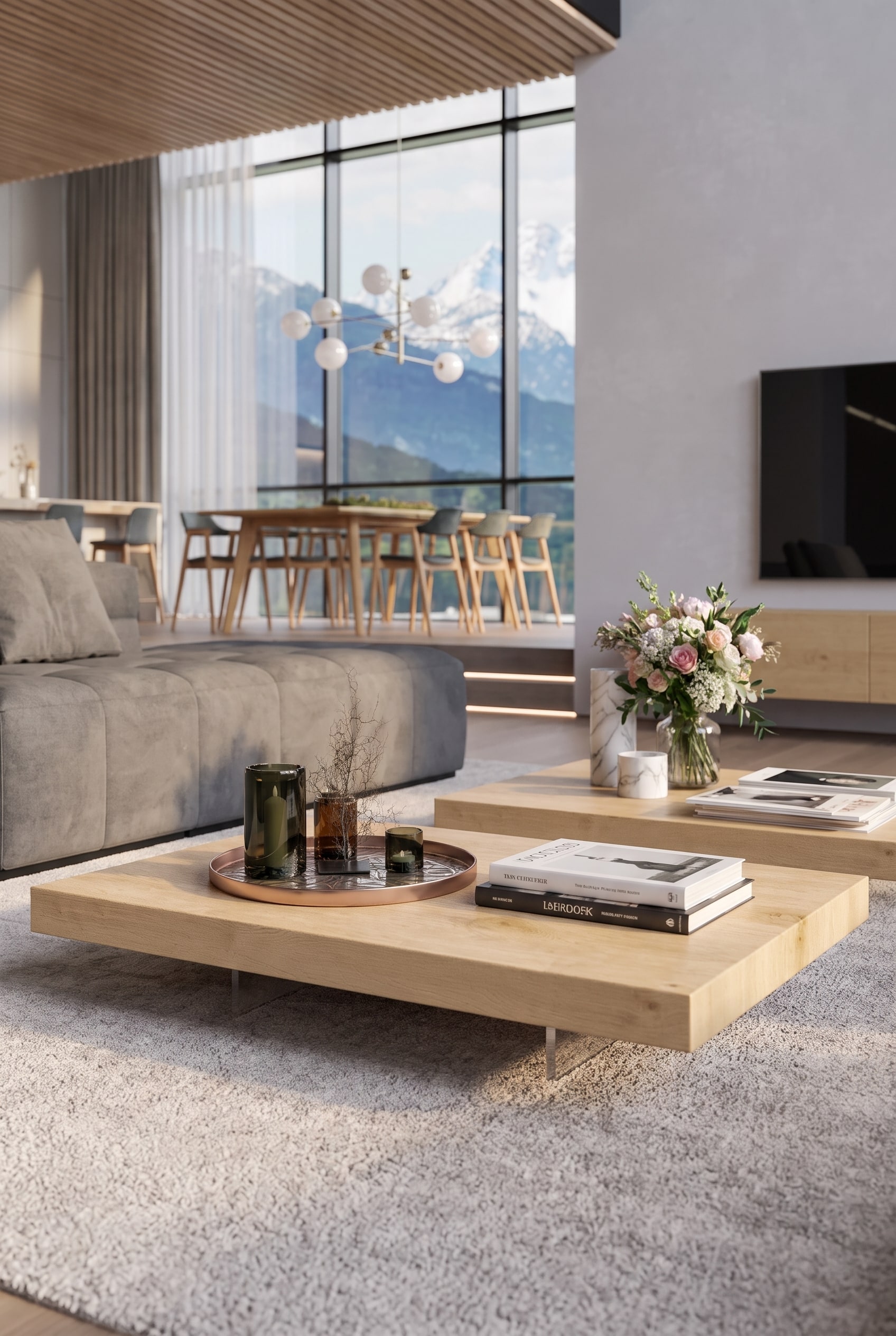 Weitl&auml;ufiges Wohnzimmer mit einem sehr breiten, bodennahen Couchtisch aus Eichenholz, der massiv vor einer gro&szlig;en Fensterfront steht.