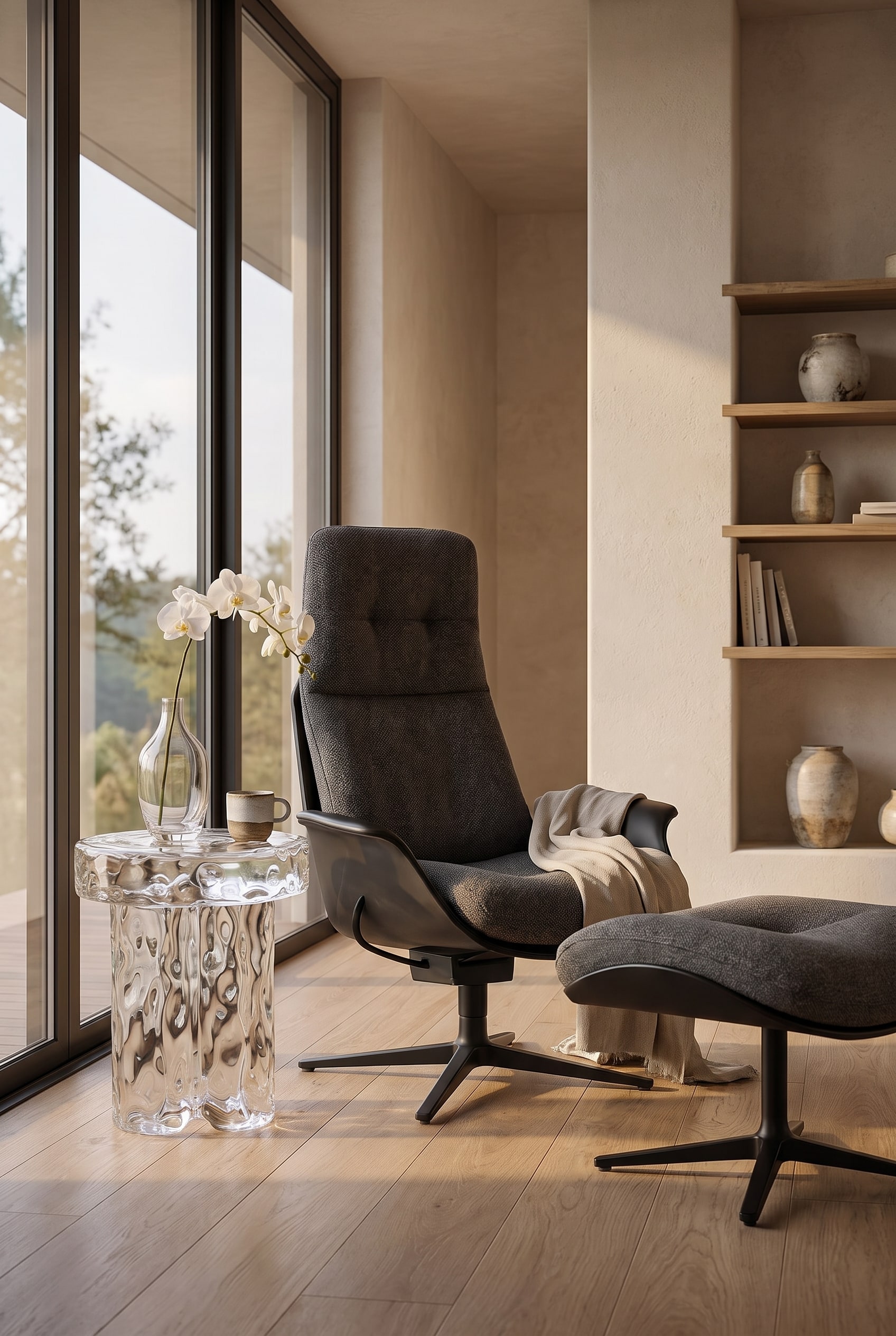 Living room corner with an enveloping, high-backed armchair in dark grey fabric and large floor-to-ceiling windows