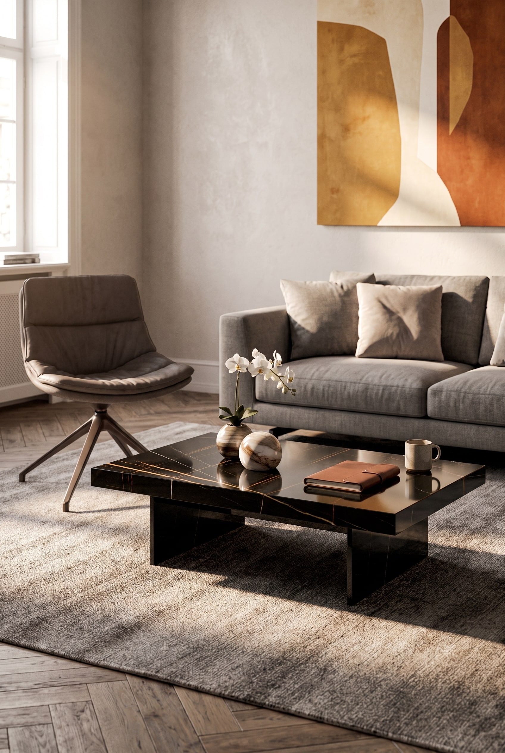 Ozzio Couchtisch Bellagio mit Keramikplatte im modernen Wohnzimmer, dessen Oberfl&auml;che pflegeleicht abgewischt wird