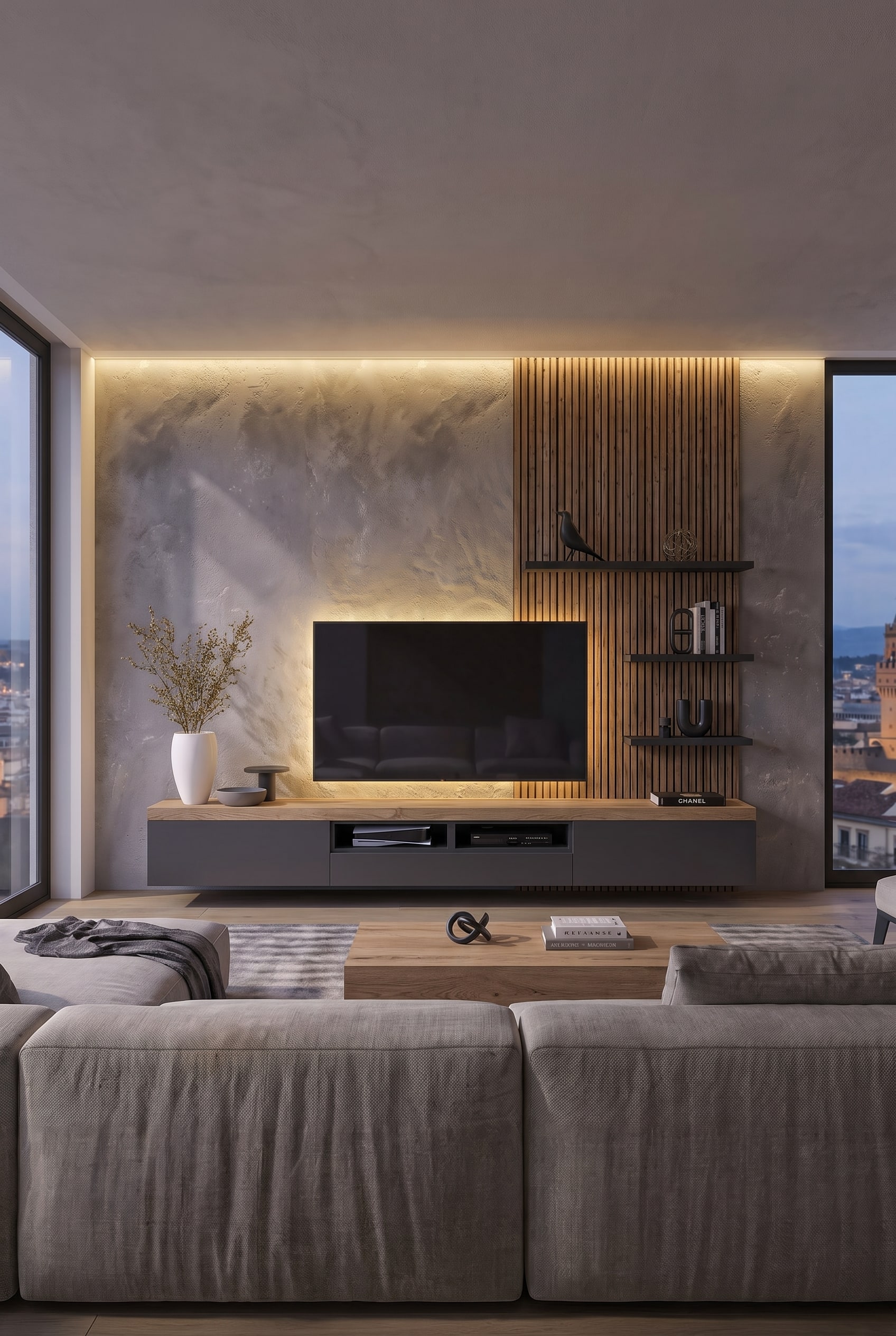 Modern living room with the floating Livitalia Lowboard C101 in anthracite grey and oak