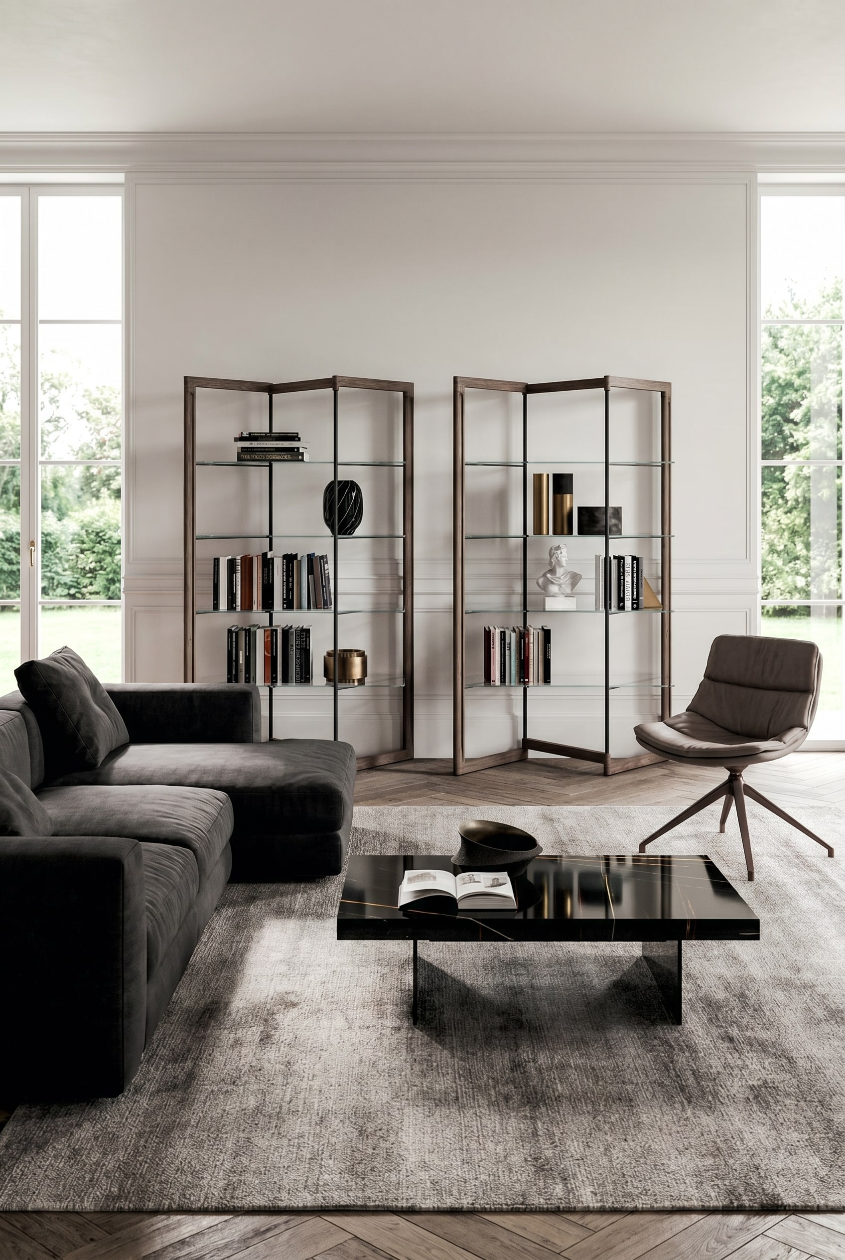 Elegantes Wohnzimmer mit dunklem Ecksofa, hellem Teppich und einem quadratischen Couchtisch mit reflektierender schwarzer Glasplatte