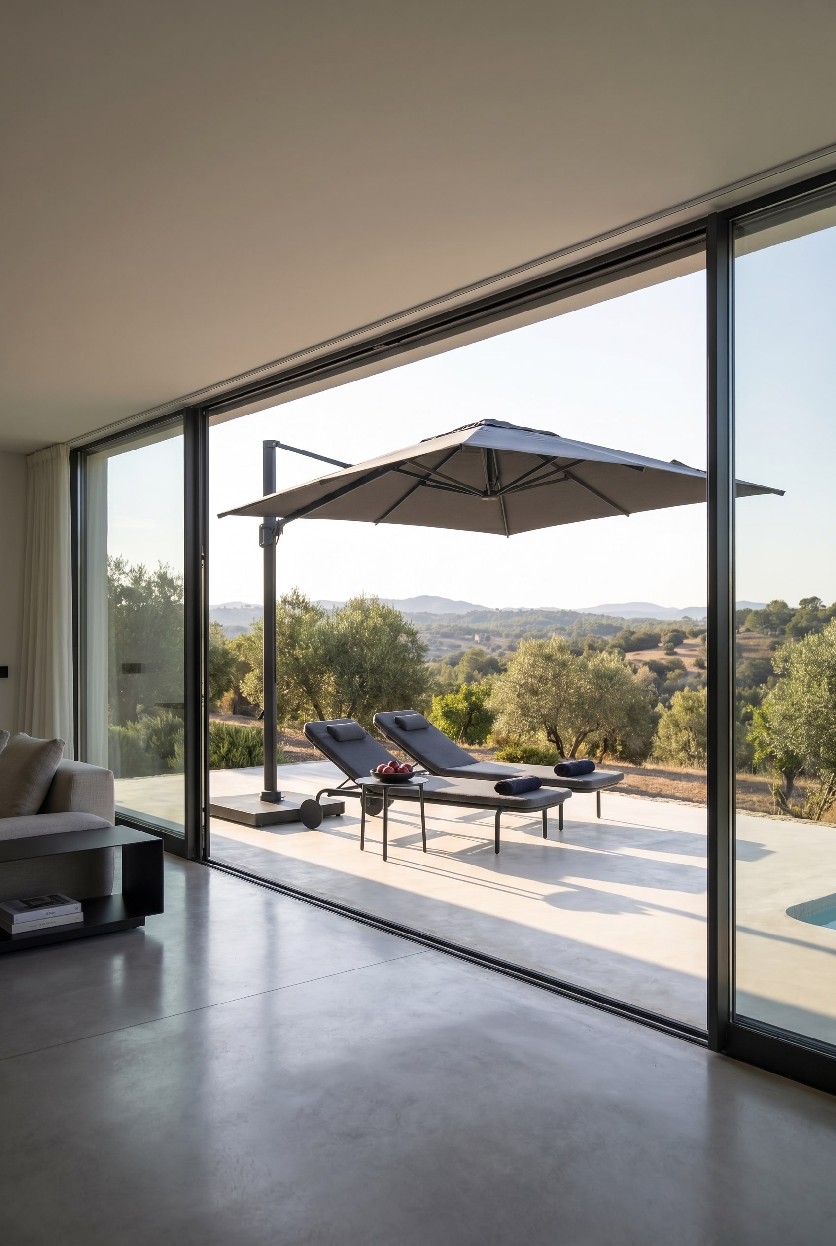 Modernes Zimmer mit offener Fensterfront zur Terrasse, gro&szlig;em Ampelschirm und zwei dunkelgrauen Todus Starling Sonnenliegen