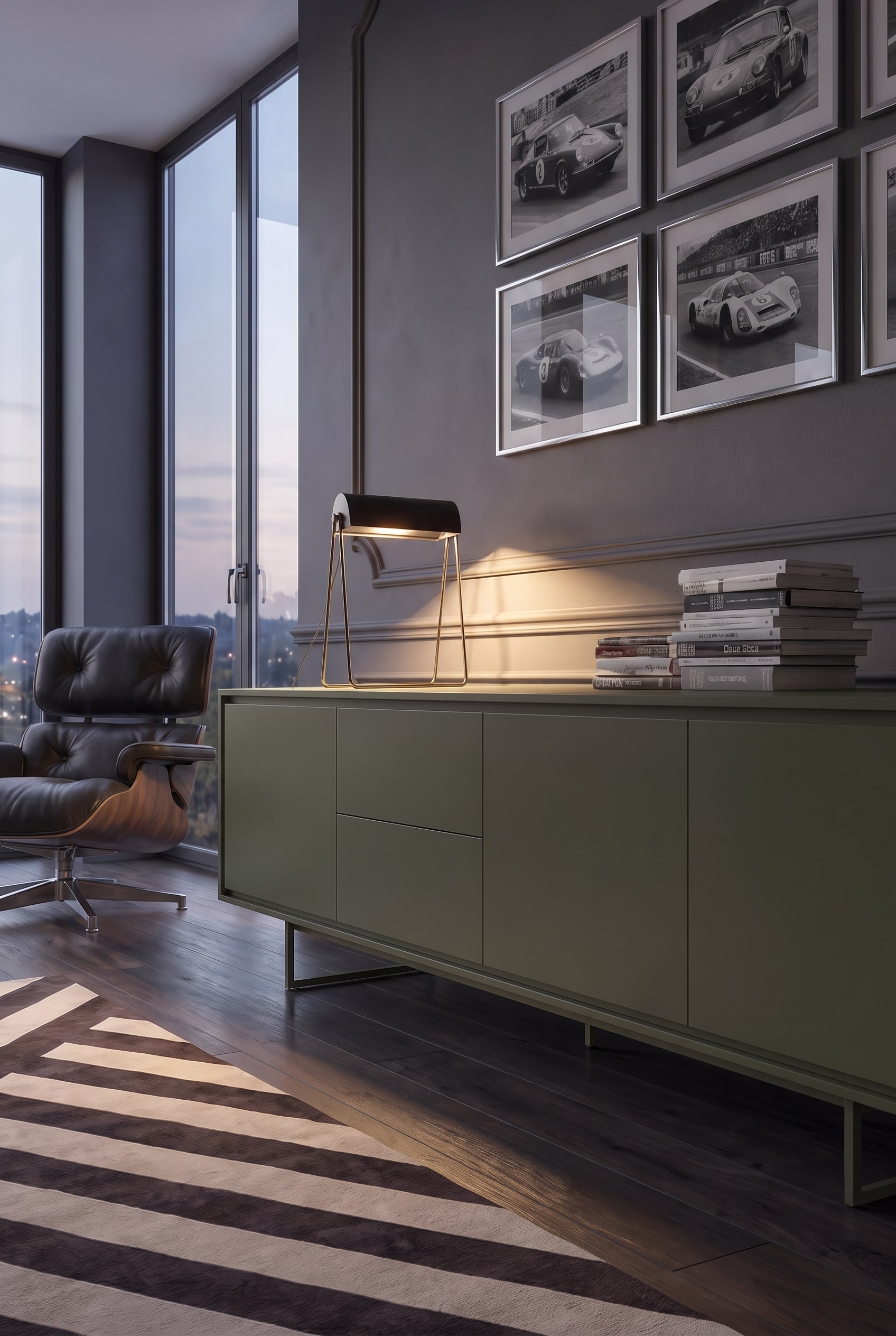 Detail view of the handleless, matte olive green front of a sideboard in soft daylight.