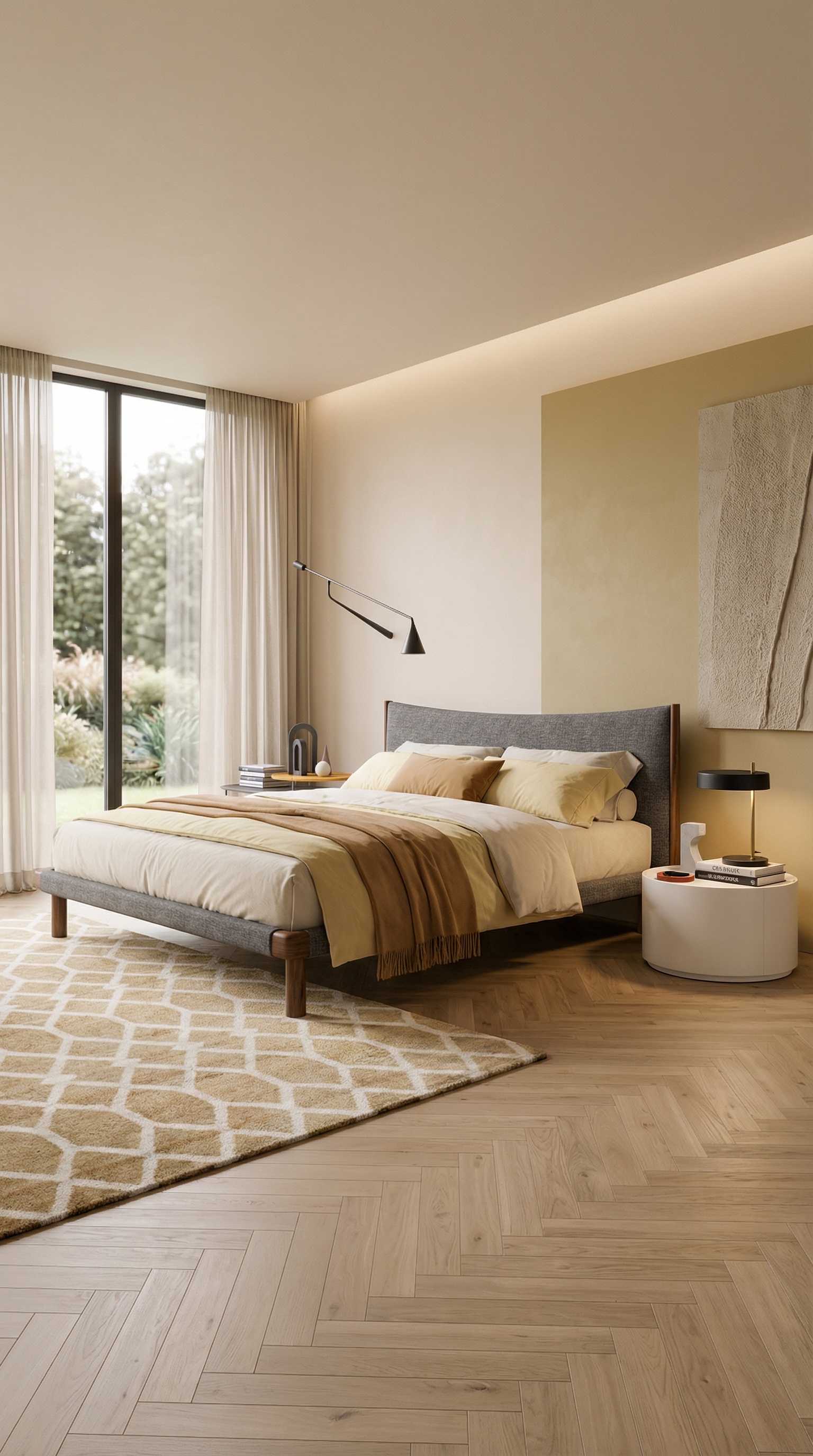 Gem&uuml;tliches Schlafzimmer mit Novamobili Bett Mizu und rundem Nachttisch Allout