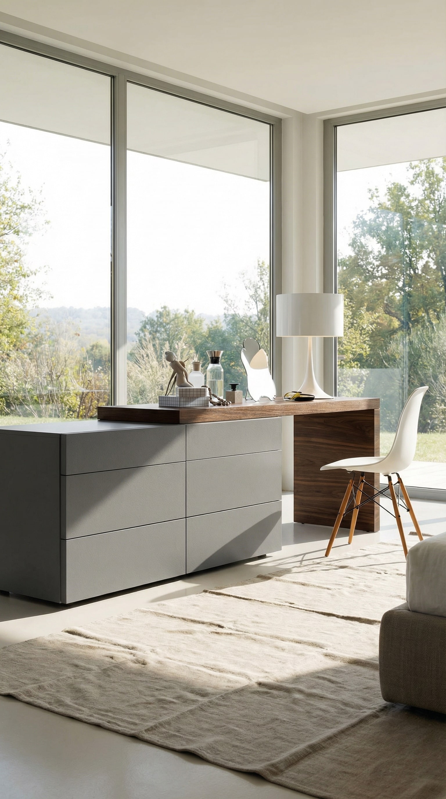 Hybride Kommode mit integriertem Schreibtisch im modernen Schlafzimmer oder Home-Office.