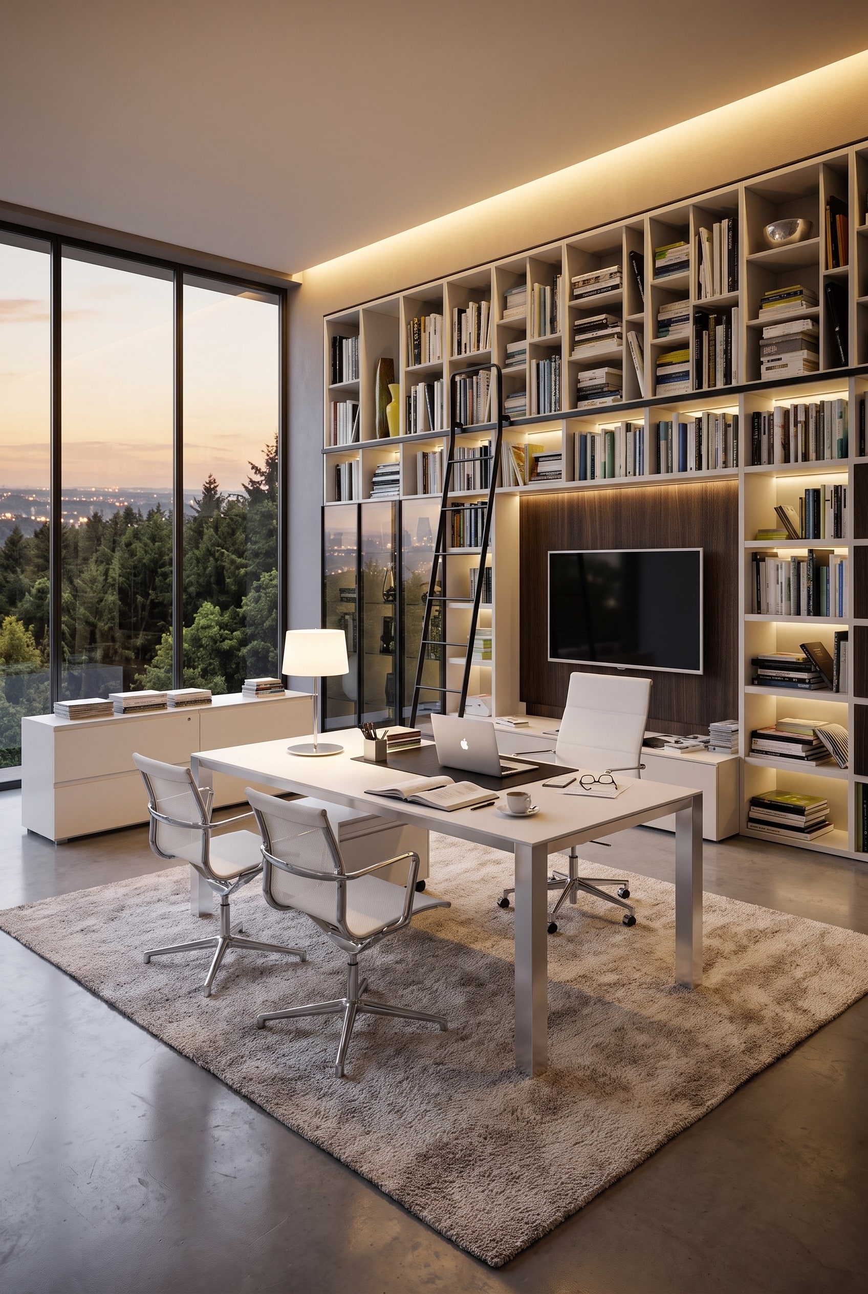 Deckenhohes B&uuml;cherregal in Wei&szlig; und dunklem Holz mit einer verschiebbaren schwarzen Leiter in einem stilvollen Arbeitszimmer