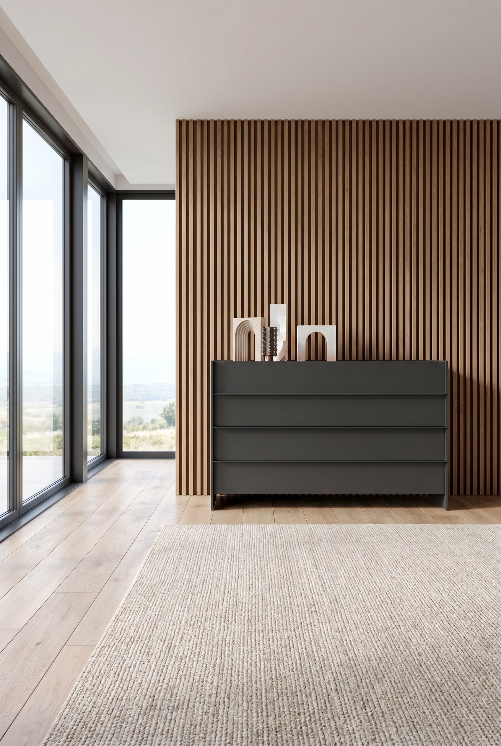 Minimalistisches Schlafzimmer mit bodentiefen Fenstern und einer langgezogenen anthrazitfarbenen Design-Kommode an einer Holzwand