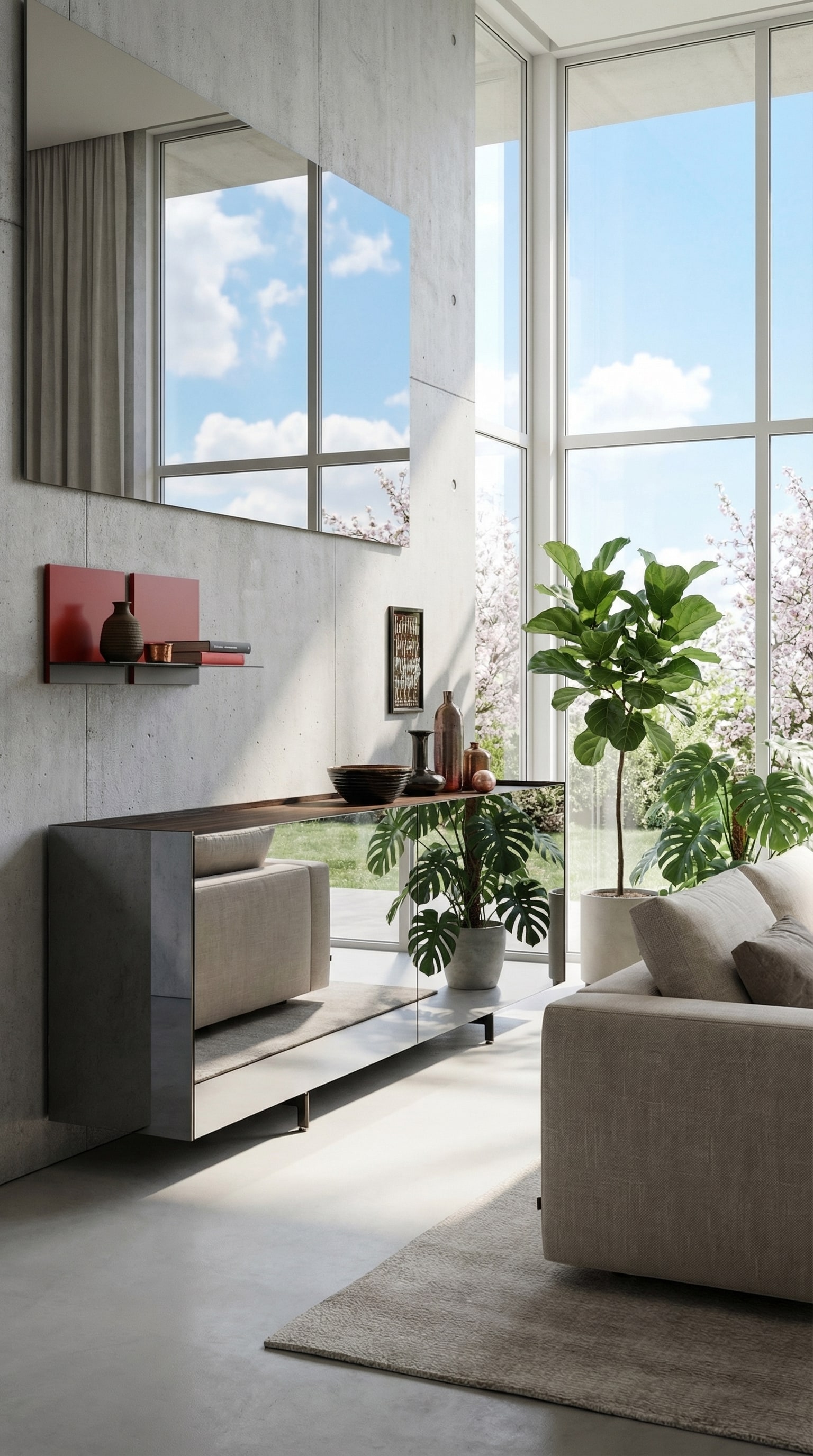 Wohnzimmer mit einem verspiegelten Sideboard, das das helle Tageslicht und die Natur reflektiert. Wohnzimmer mit einem verspiegelten Sideboard, das das helle Tageslicht und die Natur reflektiert.