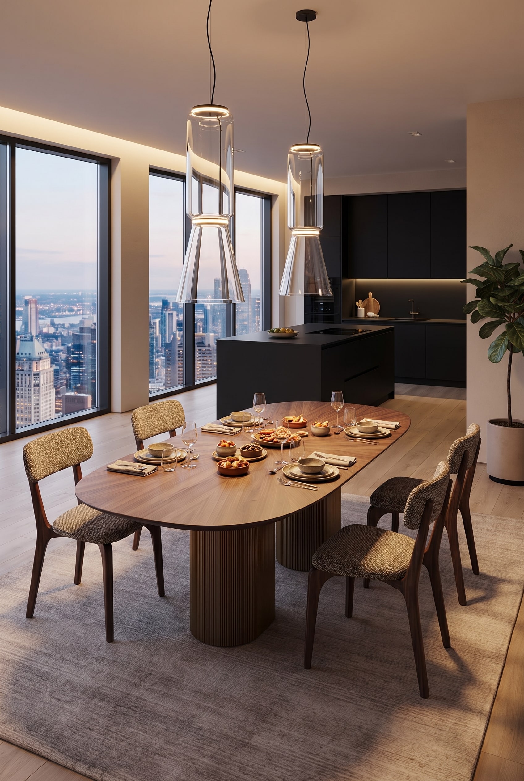 Elegantes Esszimmer mit einem ovalen Holztisch mit geriffeltem S&auml;ulenfu&szlig; und drei Polsterst&uuml;hlen in grobem Stoff