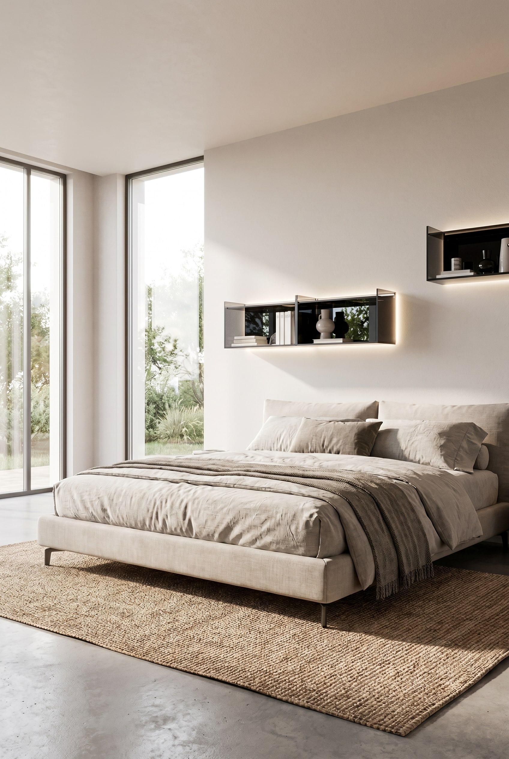 Luxuri&ouml;ses Schlafzimmer mit einem eleganten Livitalia Glas Wandregal aus Rauchglas, asymmetrisch &uuml;ber einem modernen Polsterbett montiert