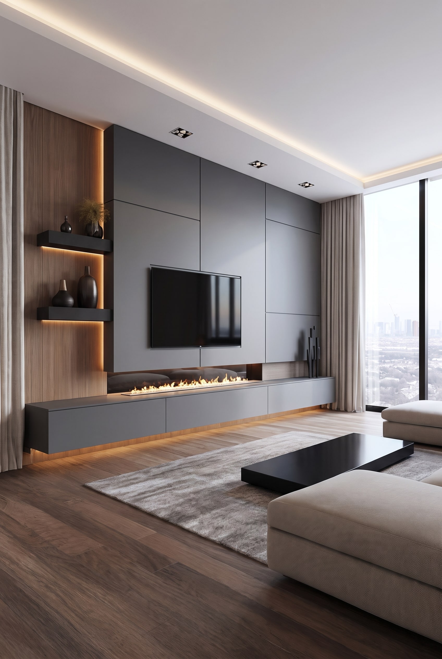 Architektonisches Wohnzimmer mit asymmetrischer Wohnwand und modularen Schrankelementen