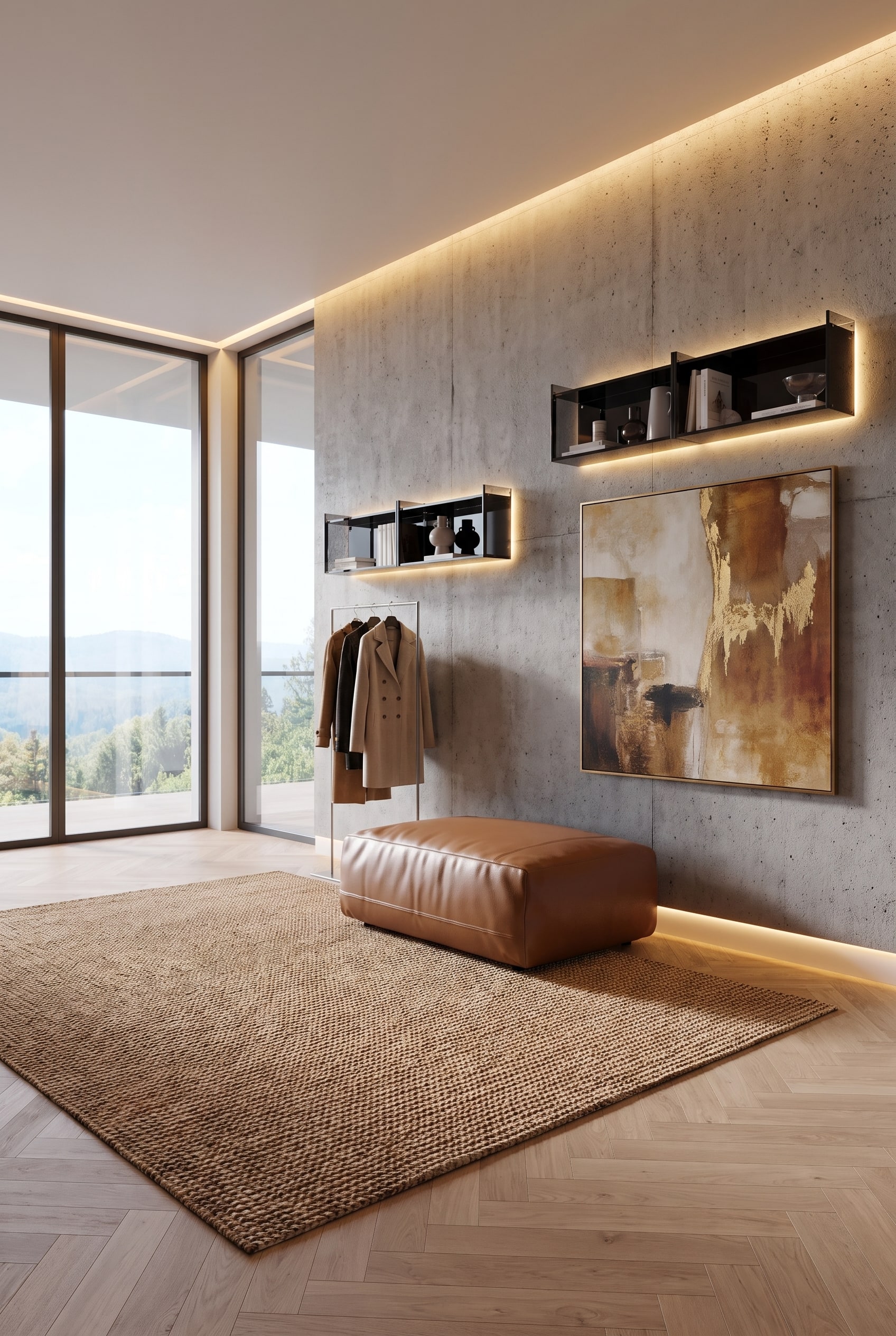 Entryway with an organically shaped pouf in mustard yellow, a filigree steel coat rack in front of a modern concrete wall