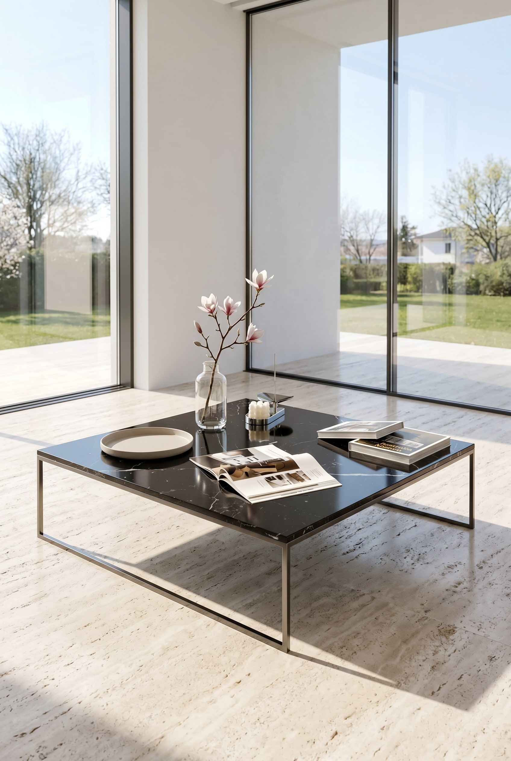 Minimalistischer Couchtisch mit dünnem Metallrahmen und heller Marmorplatte, darauf eine Glasvase mit einem einzelnen Frühlingszweig