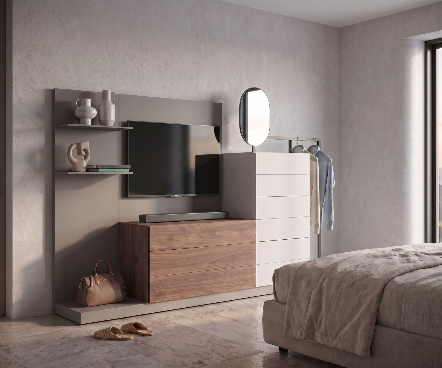 Novamobili Kommode Easy 9 mit Garderobe & TV-Paneel Schlafzimmer-Kommode Easy 9 mit TV-Paneel und Garderobe von Novamobili, modernes Design aus edlem Holz und mattem Lack.