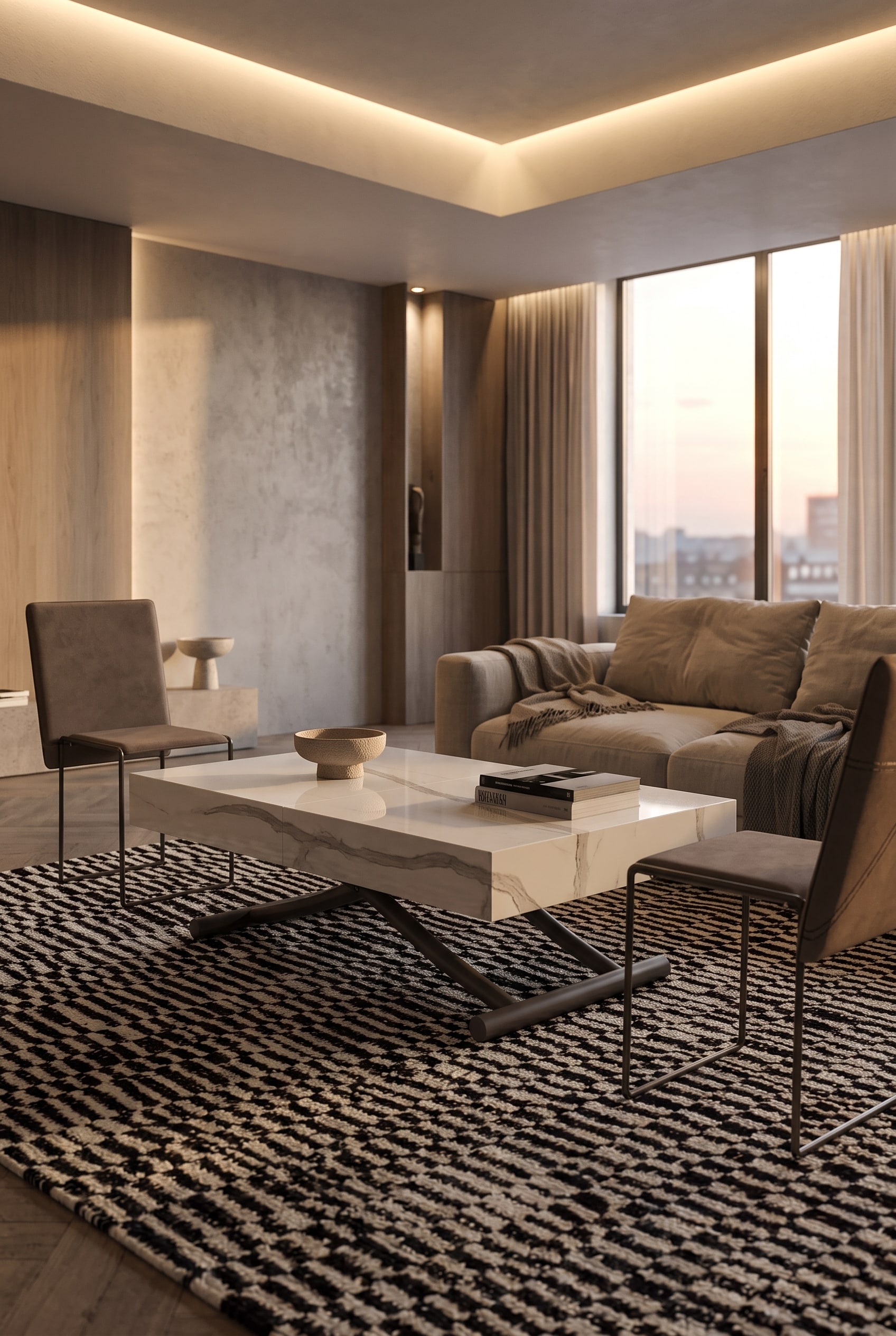 Elegantes Wohnzimmer mit h&ouml;henverstellbarem Couchtisch aus Holz auf einem strukturierten Teppich