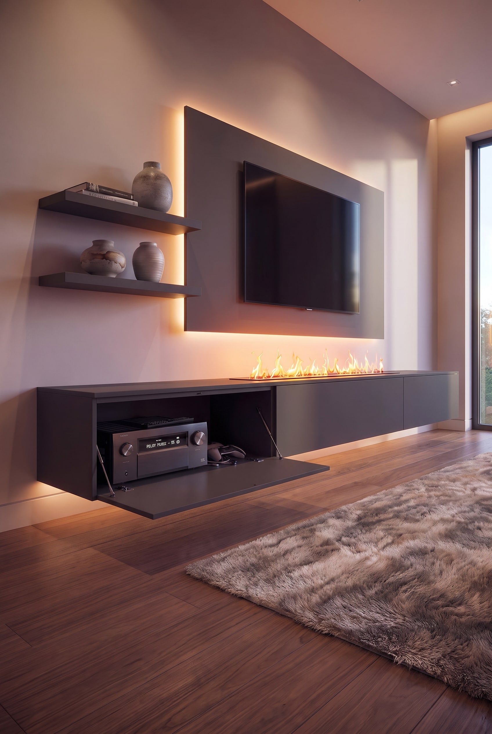 Living room with floating lowboard and robot vacuum cleaner on the floor